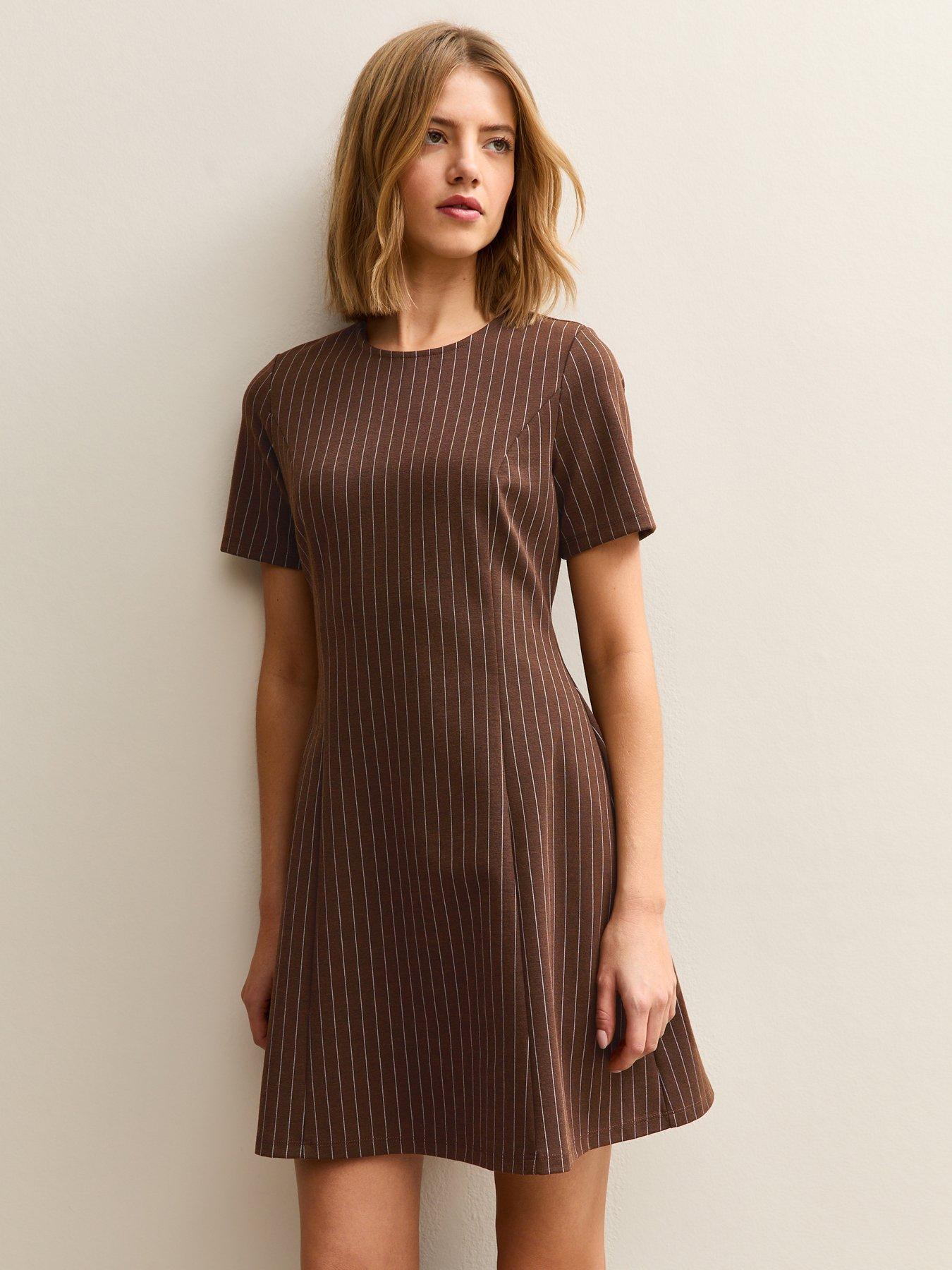 New Look Brown Pinstriped Short Sleeve Mini Dress
