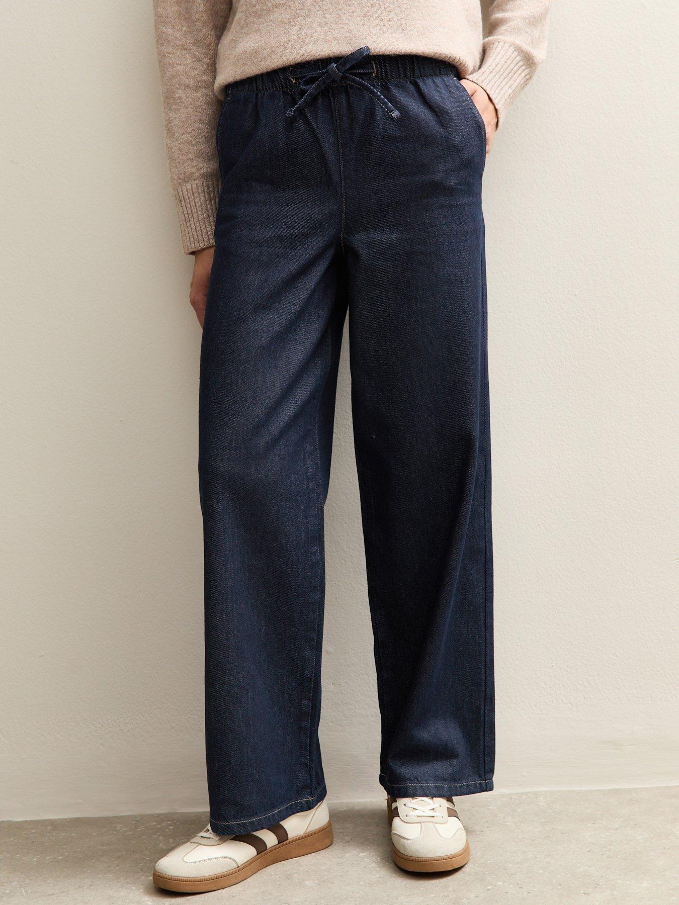 Image 1 of 7 of New Look Navy Denim Wide Leg Drawstring Waist Jeans