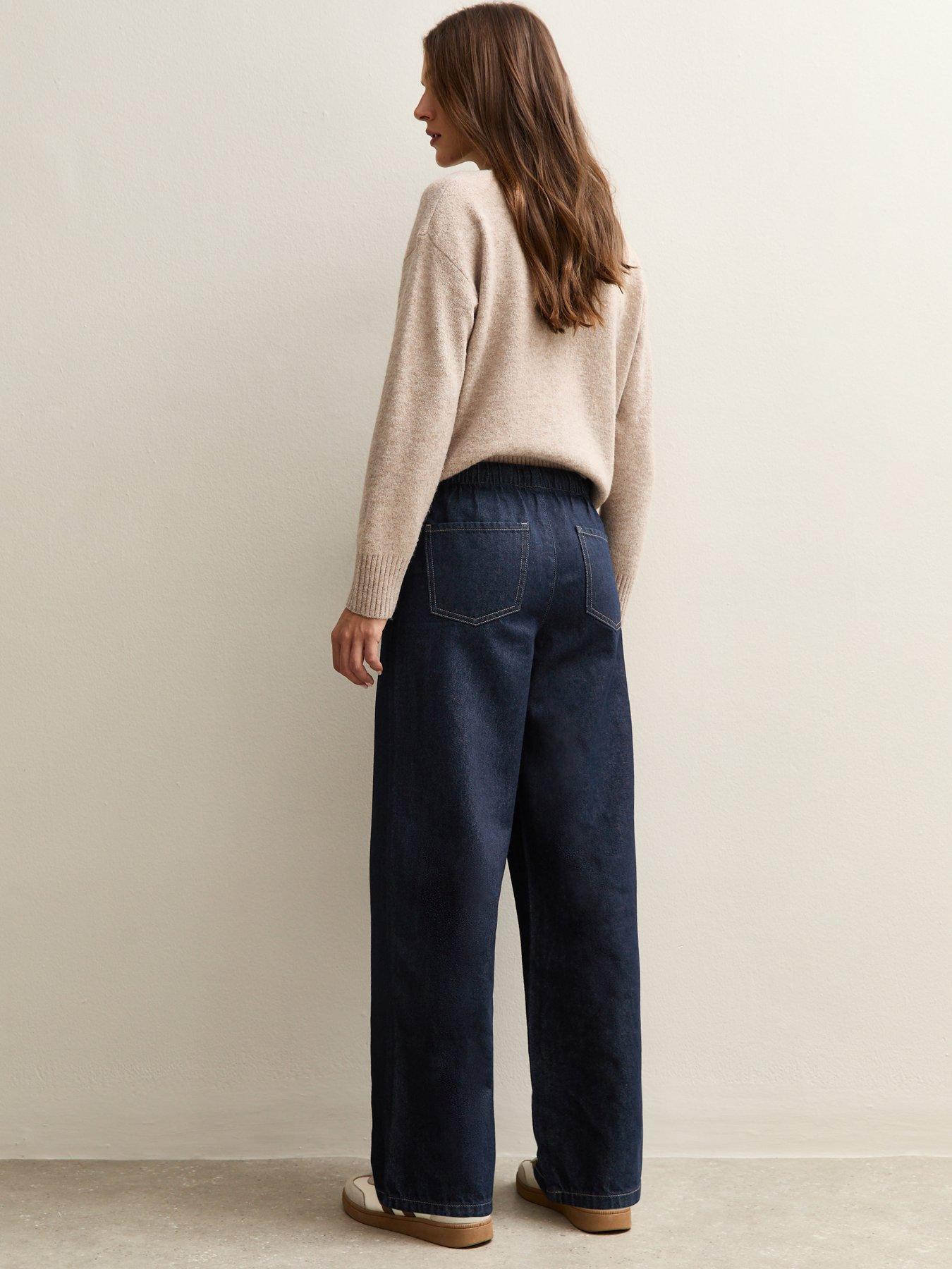 Image 2 of 7 of New Look Navy Denim Wide Leg Drawstring Waist Jeans