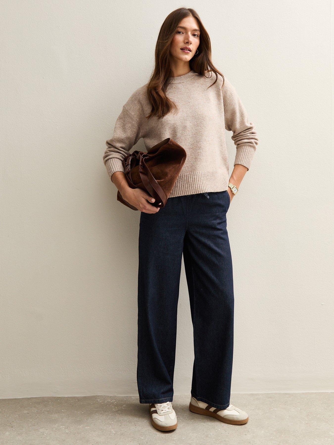 Image 3 of 7 of New Look Navy Denim Wide Leg Drawstring Waist Jeans