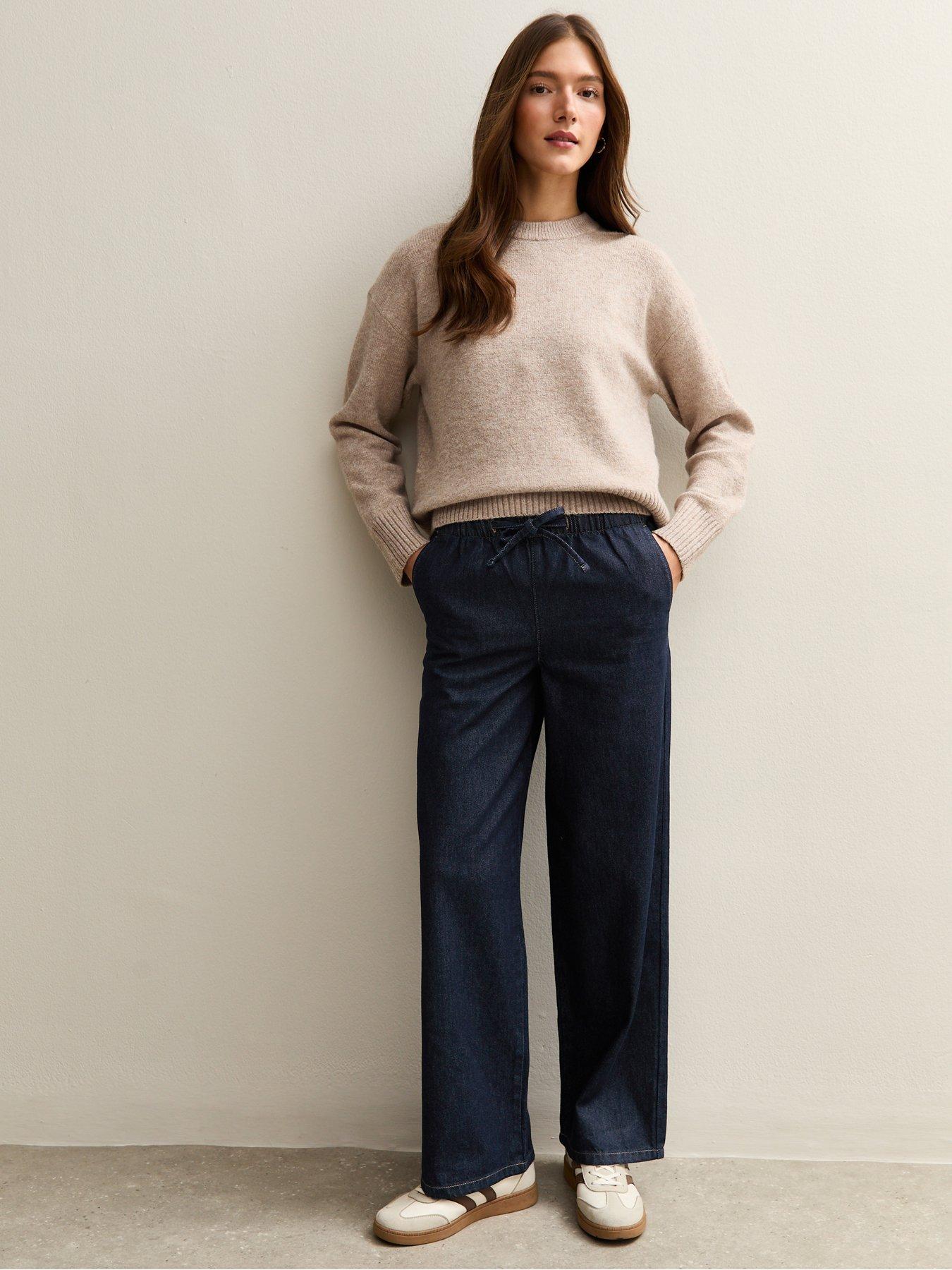 Image 4 of 7 of New Look Navy Denim Wide Leg Drawstring Waist Jeans