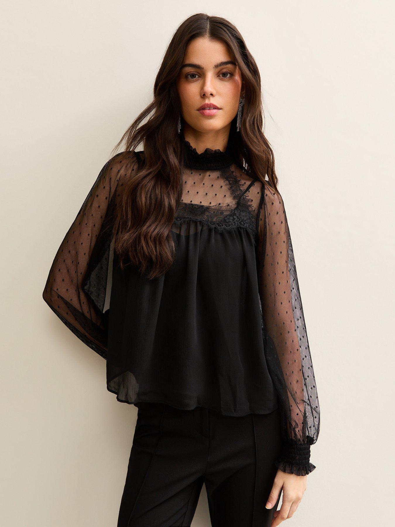 New Look Dobby Mesh High Neck Blouse - Black