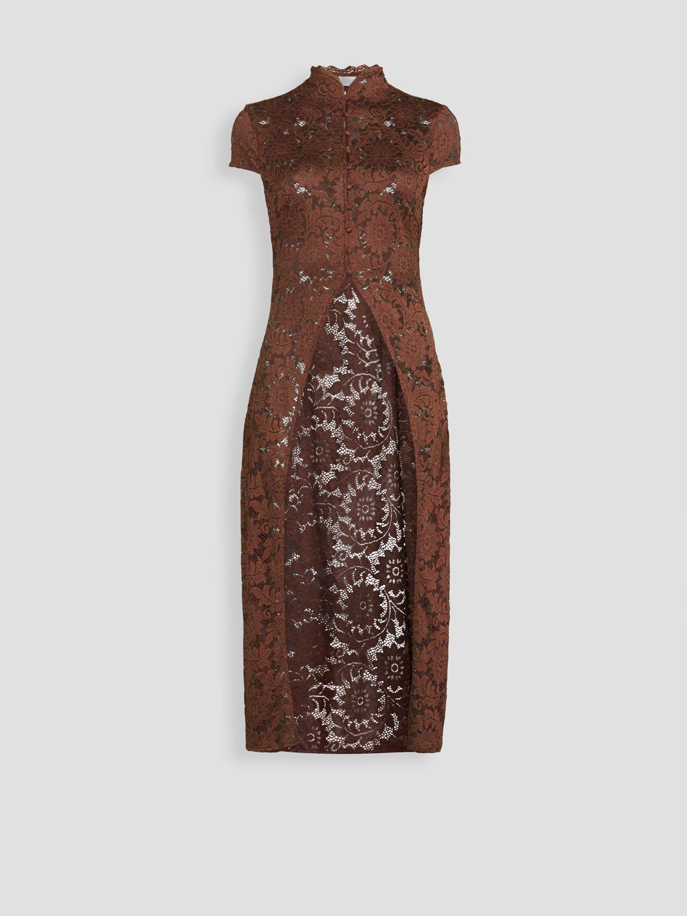 Image 3 of 3 of Michelle Keegan Longline Lace Top Co Ord - Brown