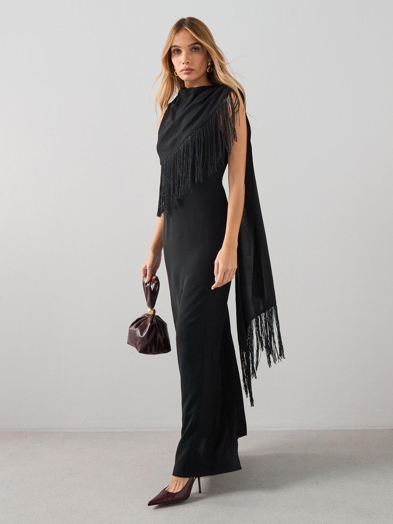 chinese dress ladies Luxury Beaded Tassel Black Evening Dress with Straps Cape SS294