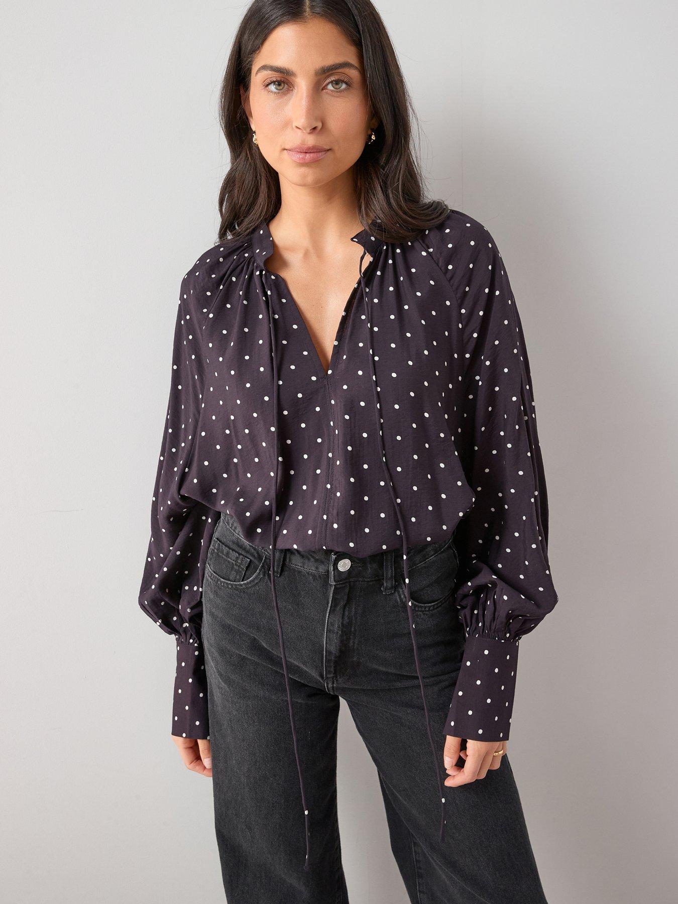 Image 3 of 6 of The Very Collection V-Neck Polka Dot Floaty Blouse - Dark Plum