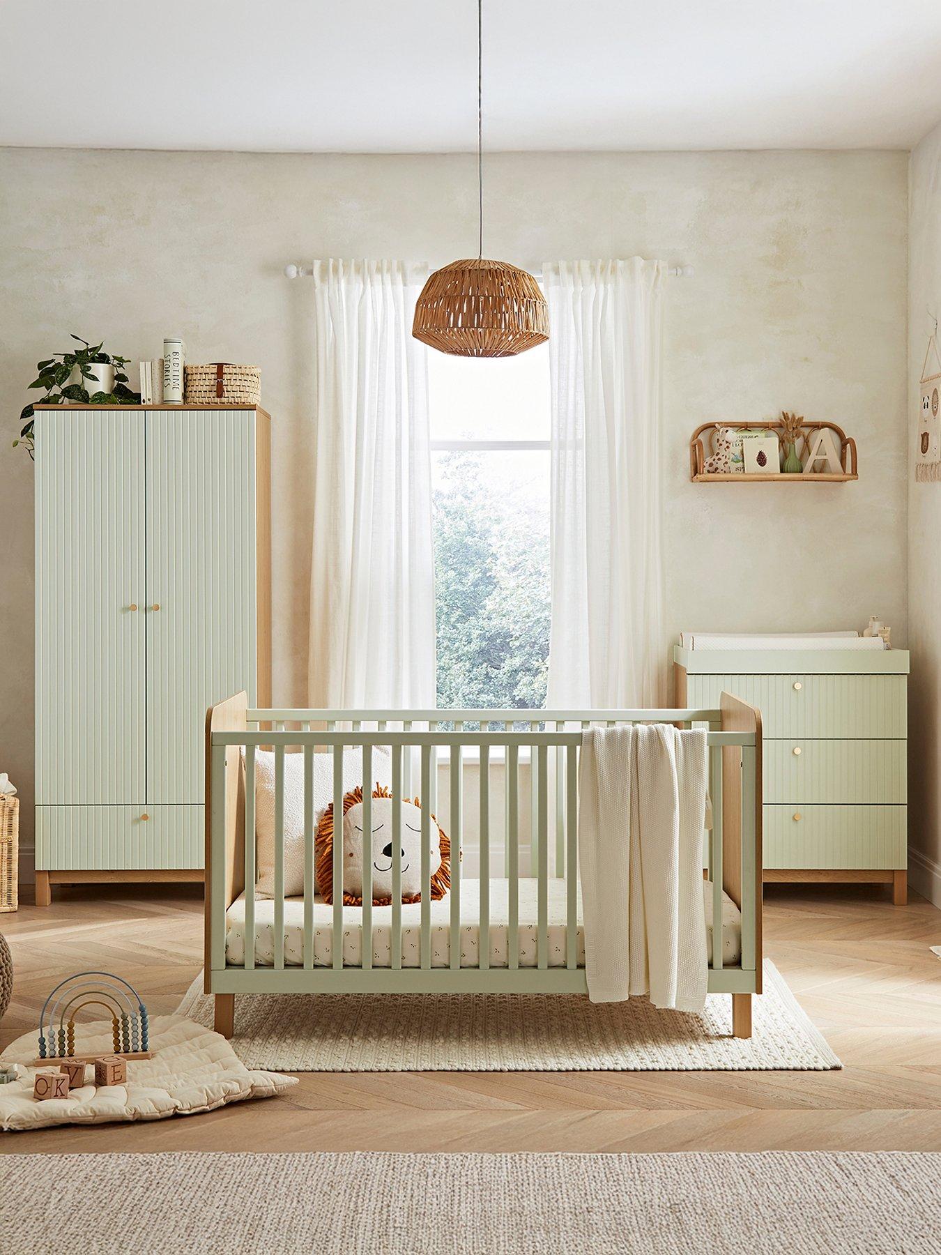 Image 1 of 7 of CuddleCo Remi 3pc Set 3 Drawer Dresser, Cot Bed and Wardrobe Oak/Green