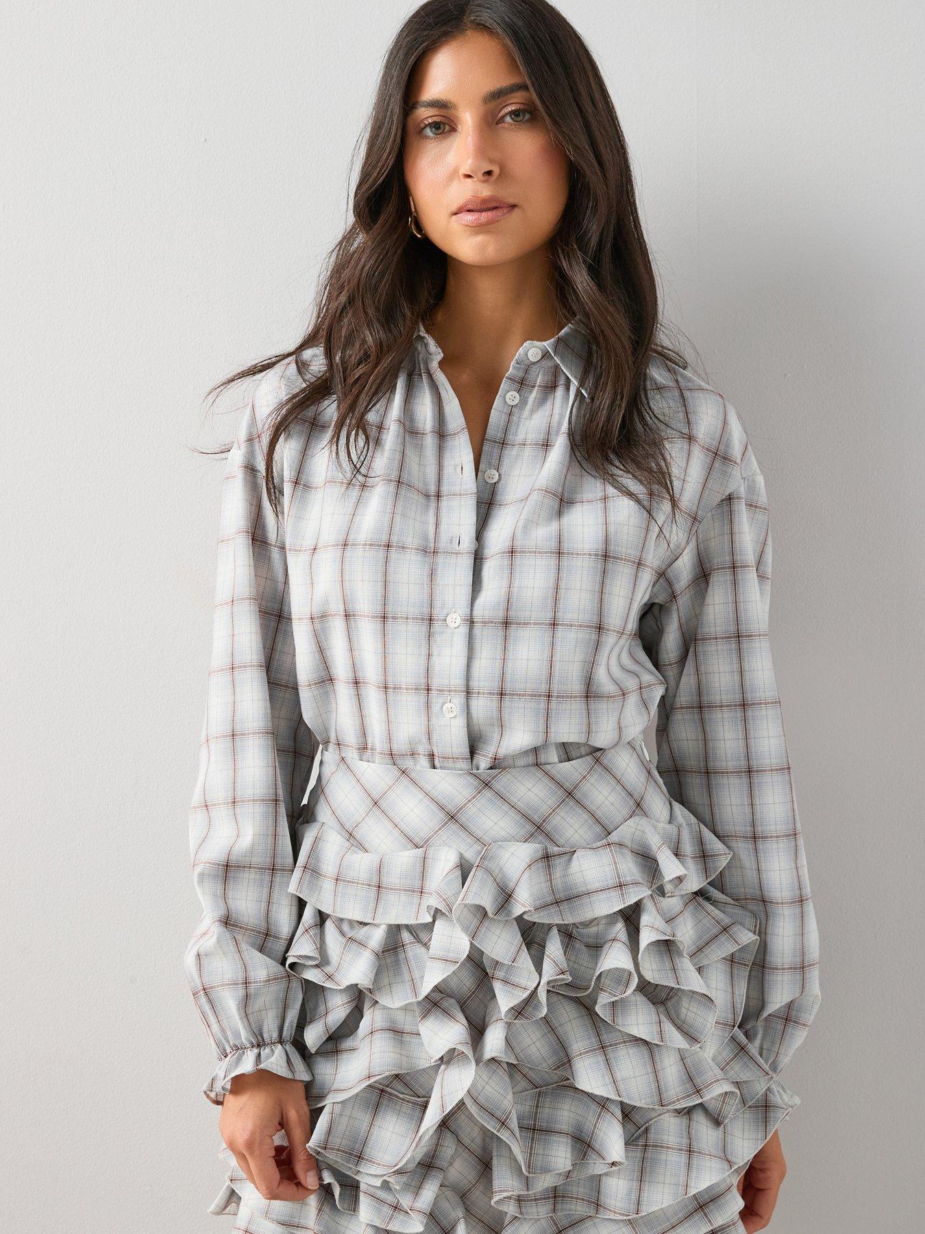 The Very Collection Checked Ruffle Neck Blouse Co-Ord - Blue