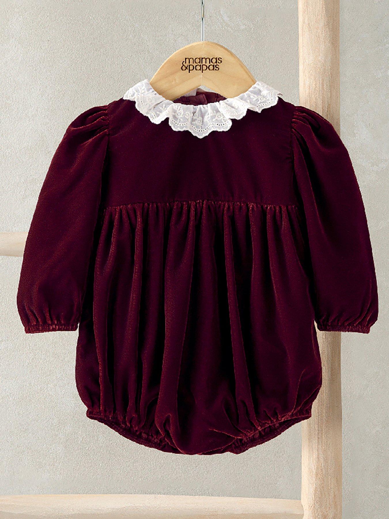 Mamas & Papas Baby Girls Velvet Romper With Lace Collar - Dark Red
