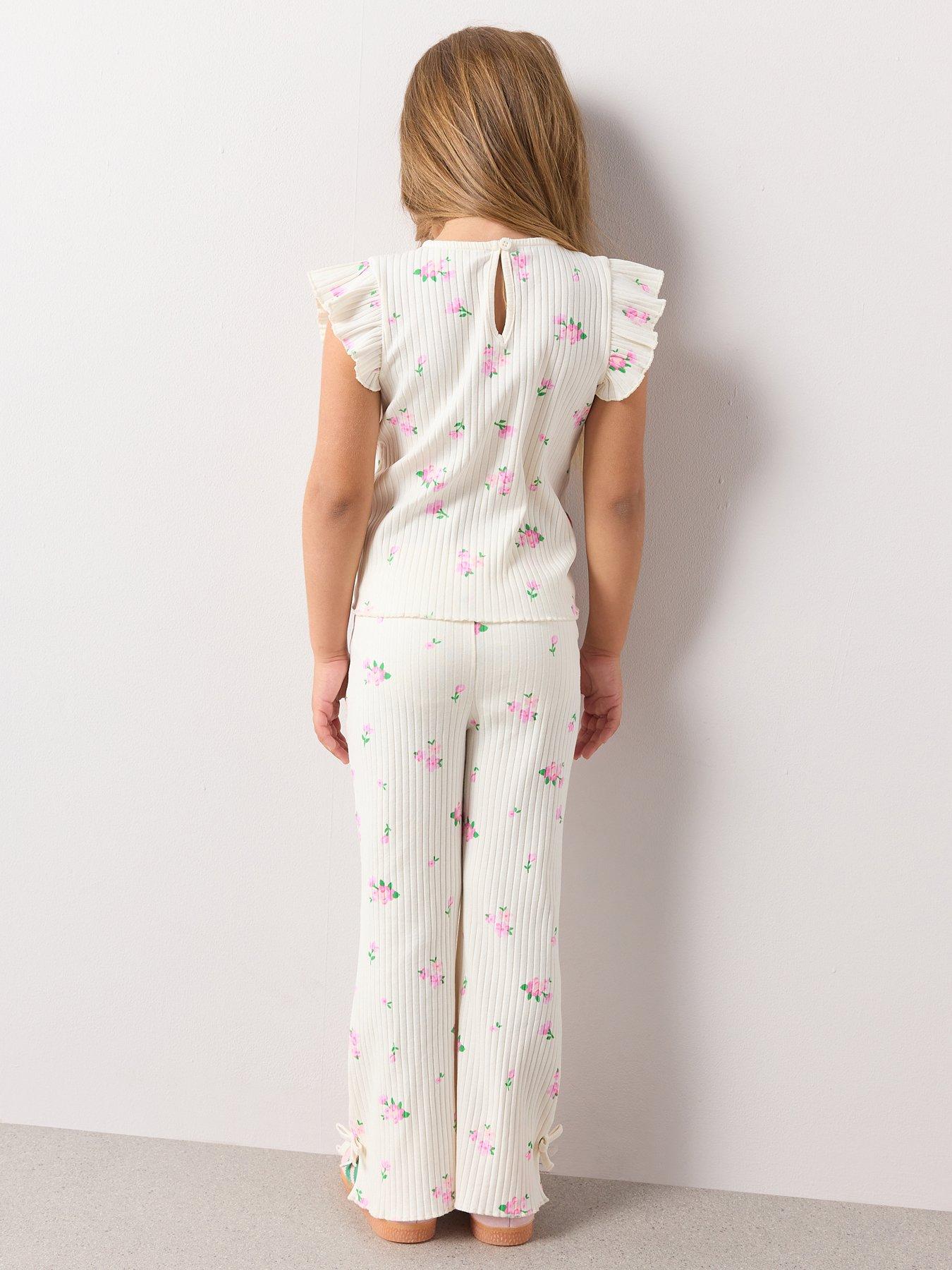 Image 2 of 7 of The Very Collection Girls Rib Frill Top With Bow Legging Outfit - Floral Print