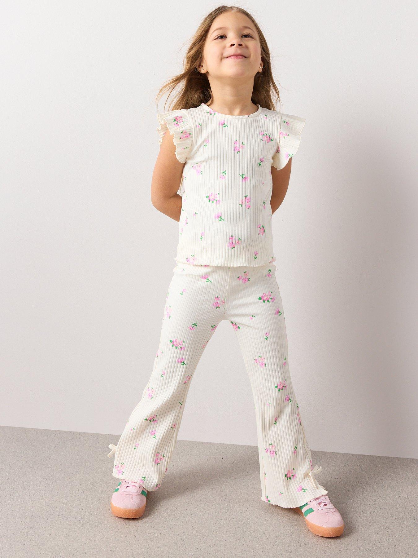 Image 3 of 7 of The Very Collection Girls Rib Frill Top With Bow Legging Outfit - Floral Print