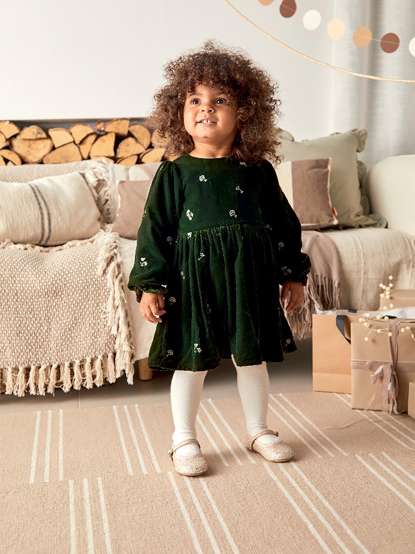 Mamas & Papas Baby Girls Embroidered Velvet Dress - Green