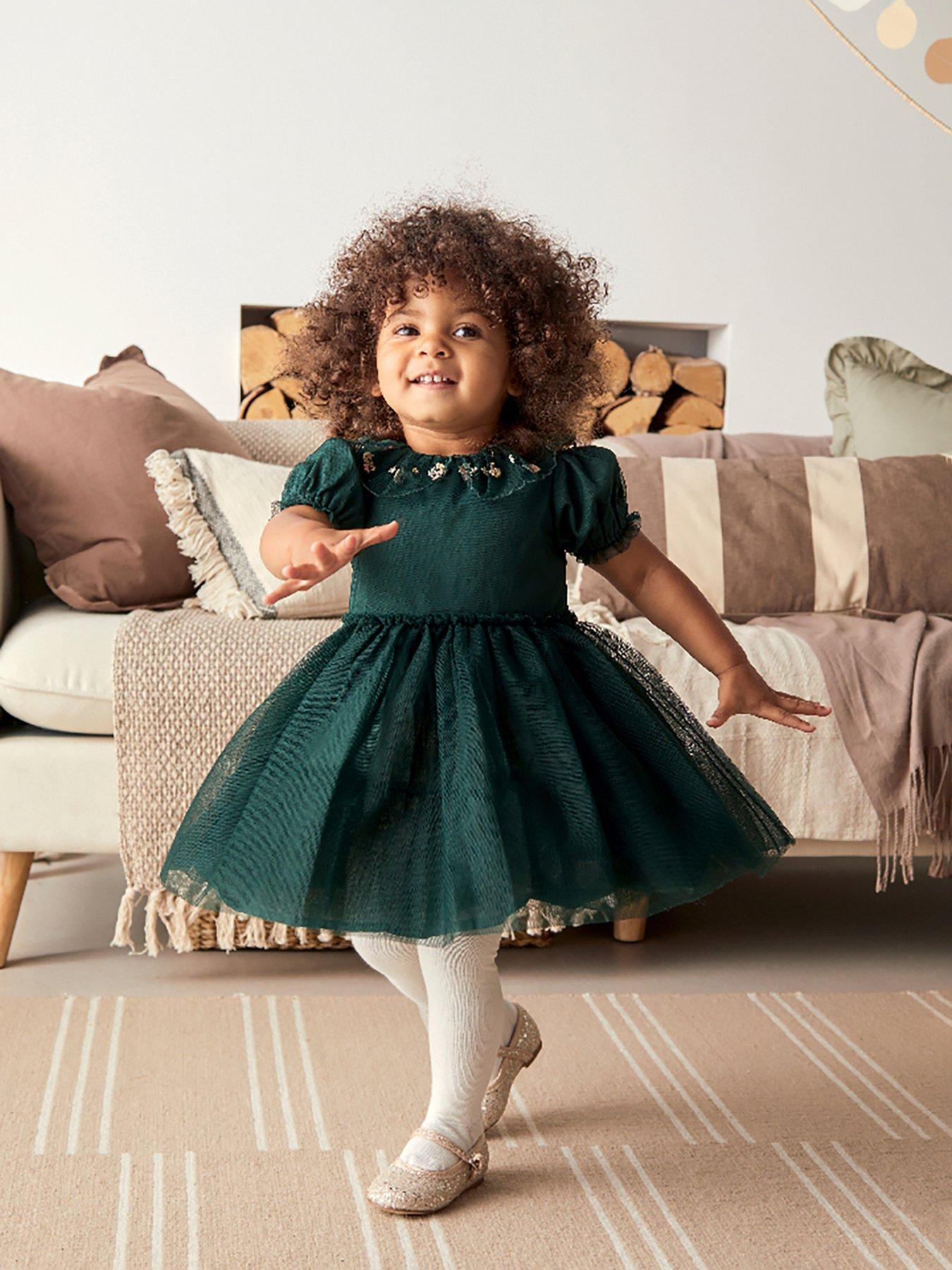 Mamas & Papas Baby Girls Embroidered Collar Mesh Tulle Dress - Green