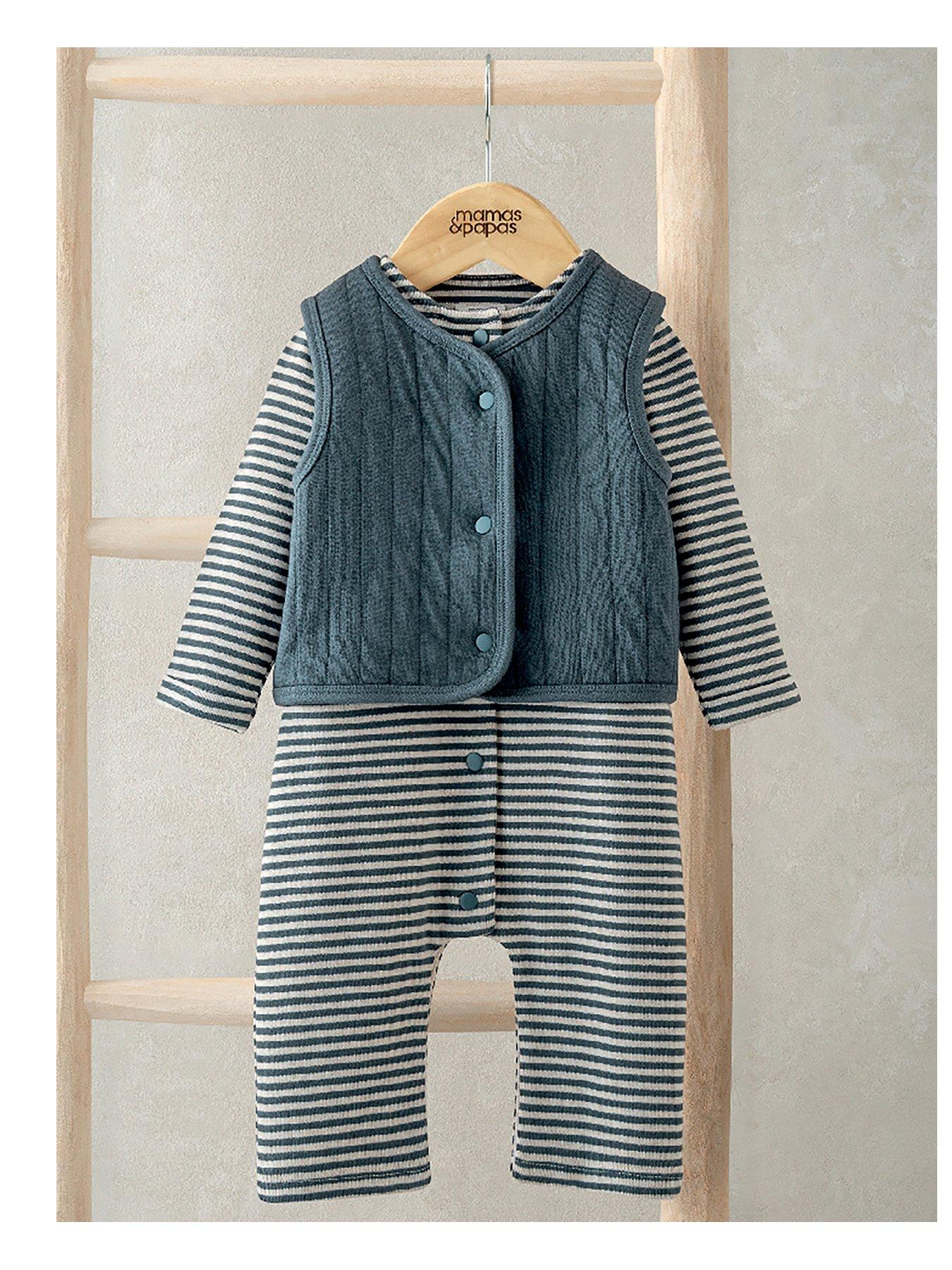 Mamas & Papas Baby Boys 2 Piece Quilted Gilet And Striped Romper Set - Blue