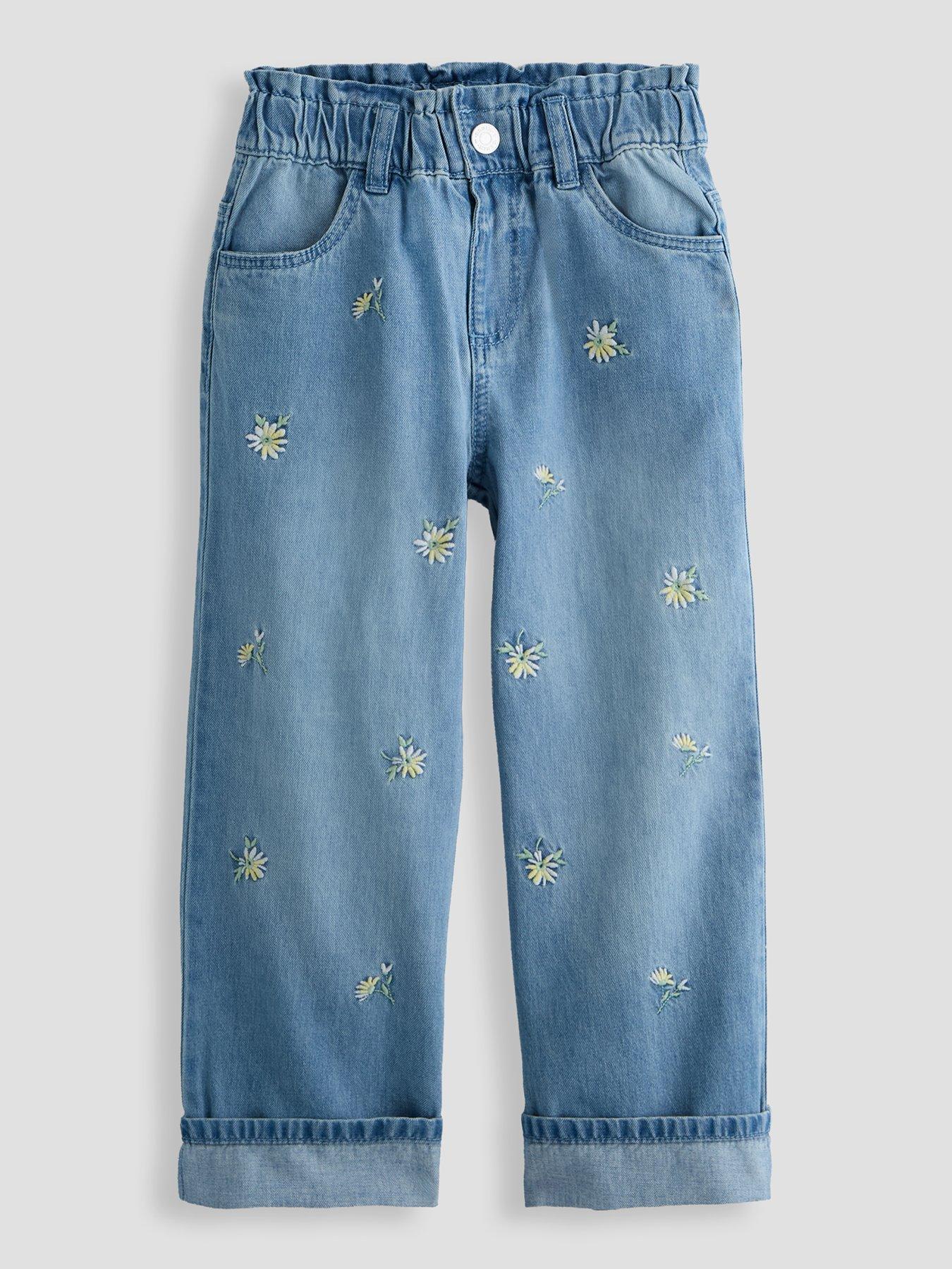 Image 1 of 4 of The Very Collection Girls Embroidered Turn Up Jeans - Light Wash
