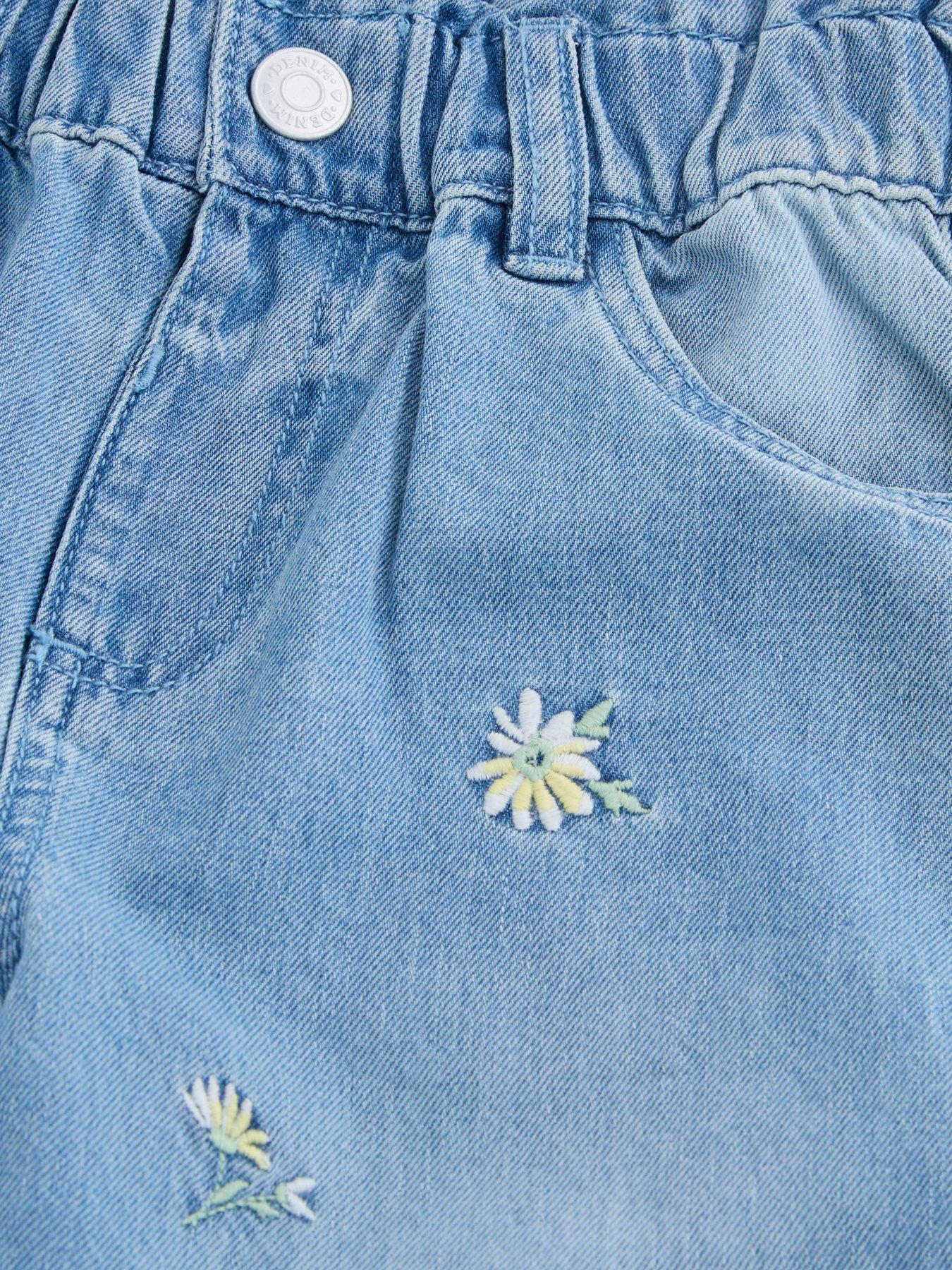 Image 3 of 4 of The Very Collection Girls Embroidered Turn Up Jeans - Light Wash