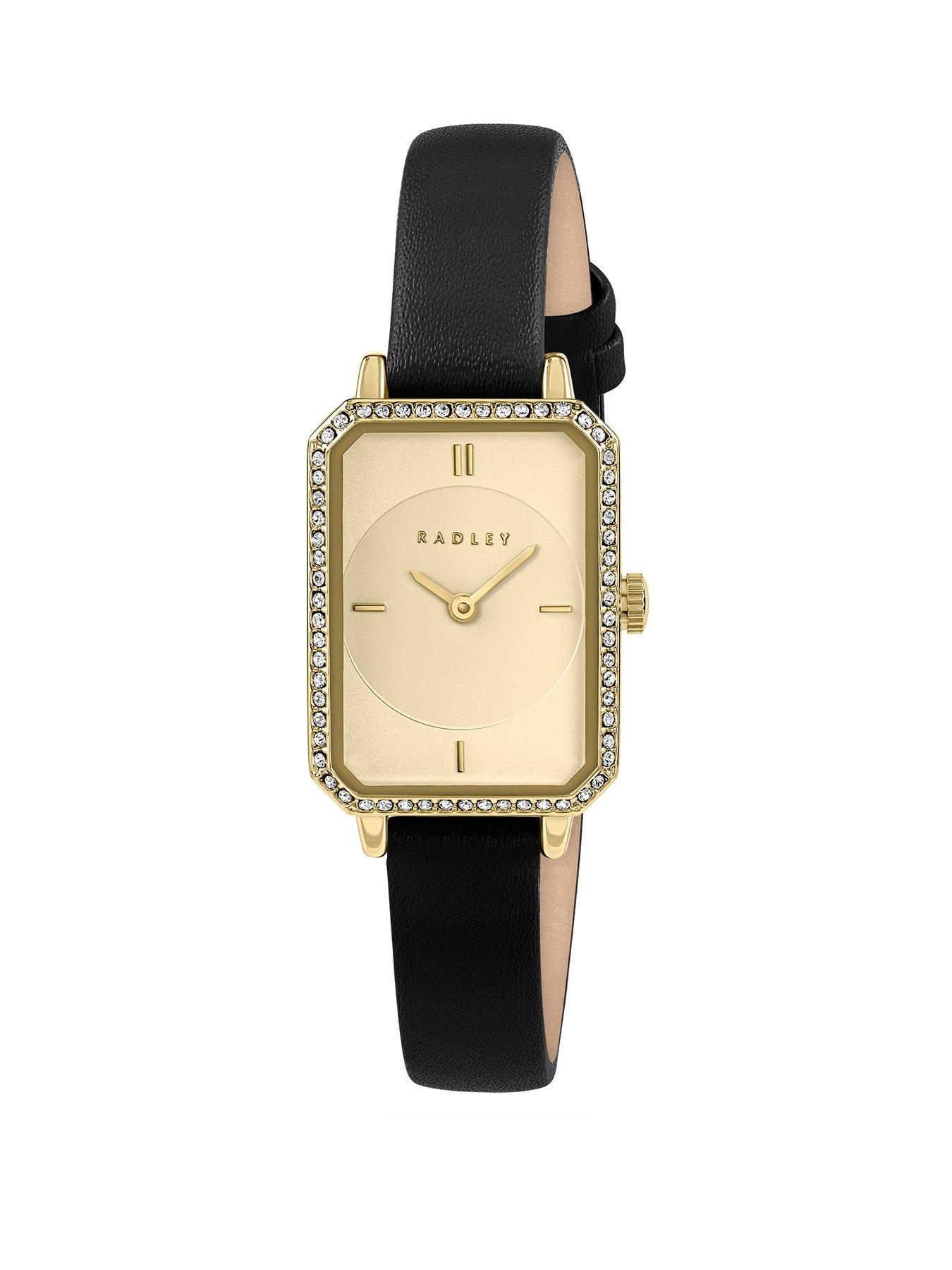 Radley Ladies Stoneset Rectangle Black Leather Watch