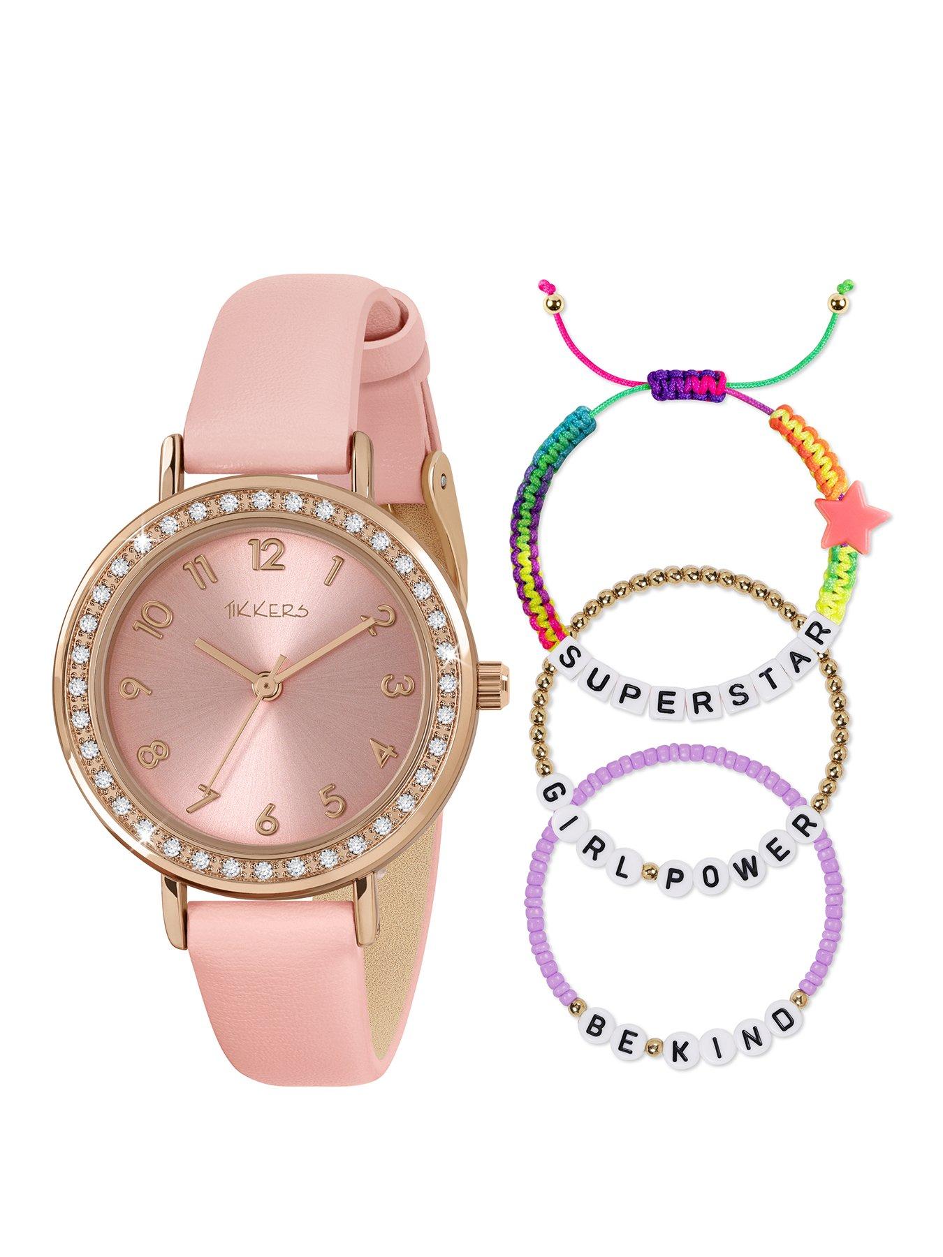 Tikkers Rose gold stone set case with pink strap and friendship bracelet set]