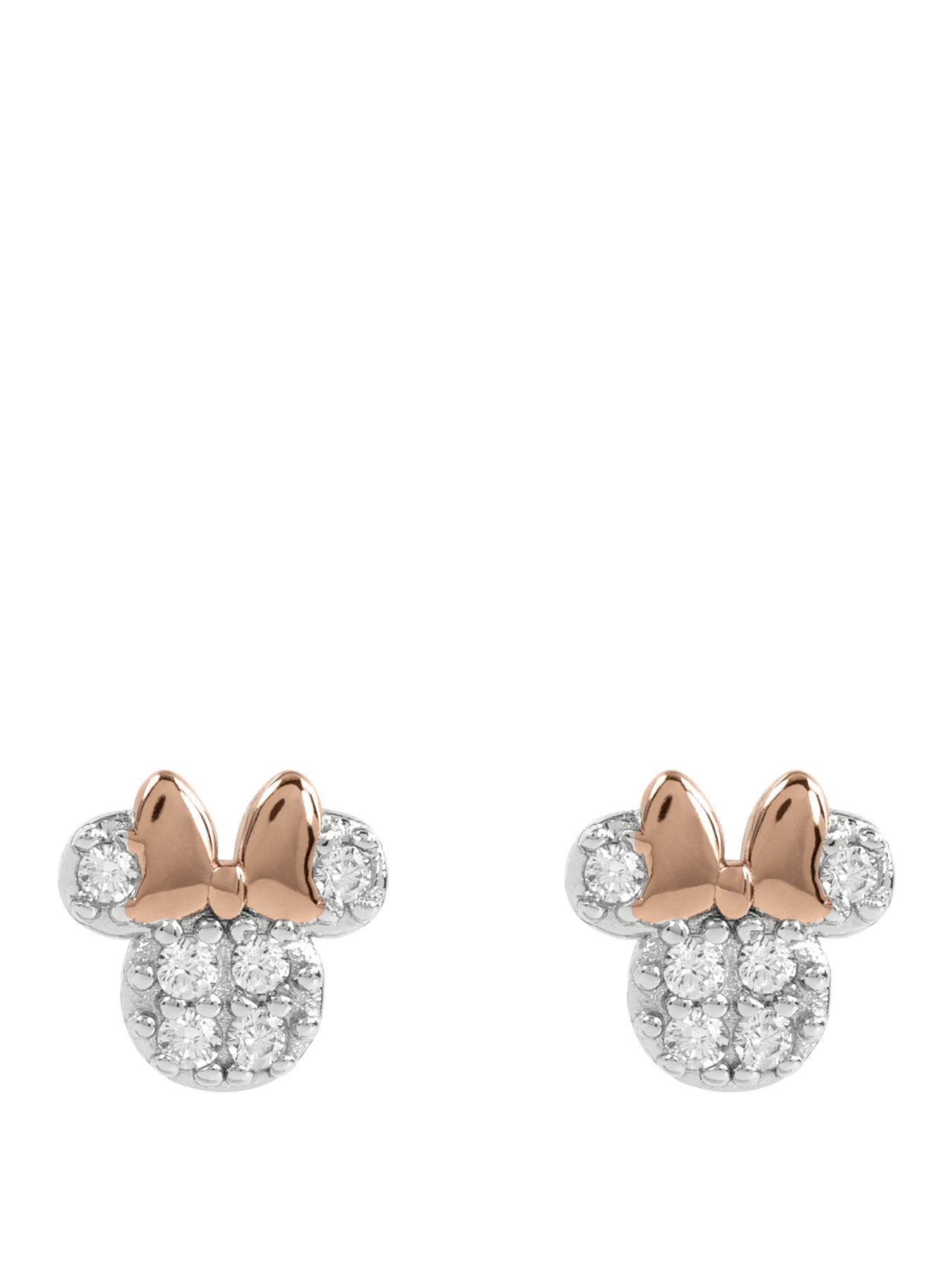 Disney Sterling Silver 925 Minnie Mouse Pink Enamel Bow Stone Set Earrings