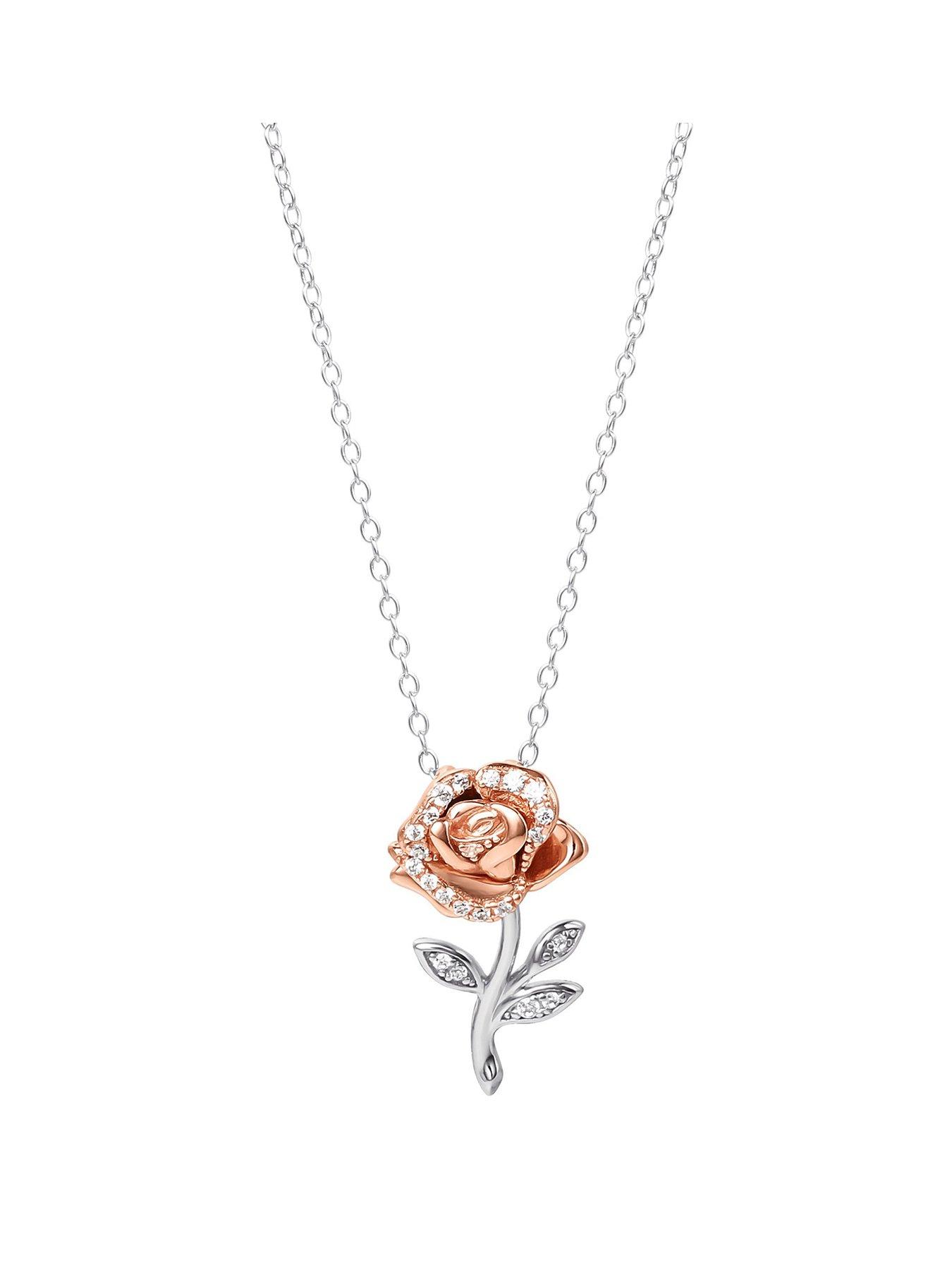 Disney Sterling Silver 925 Beauty & Beast Stone Set Rose Necklace