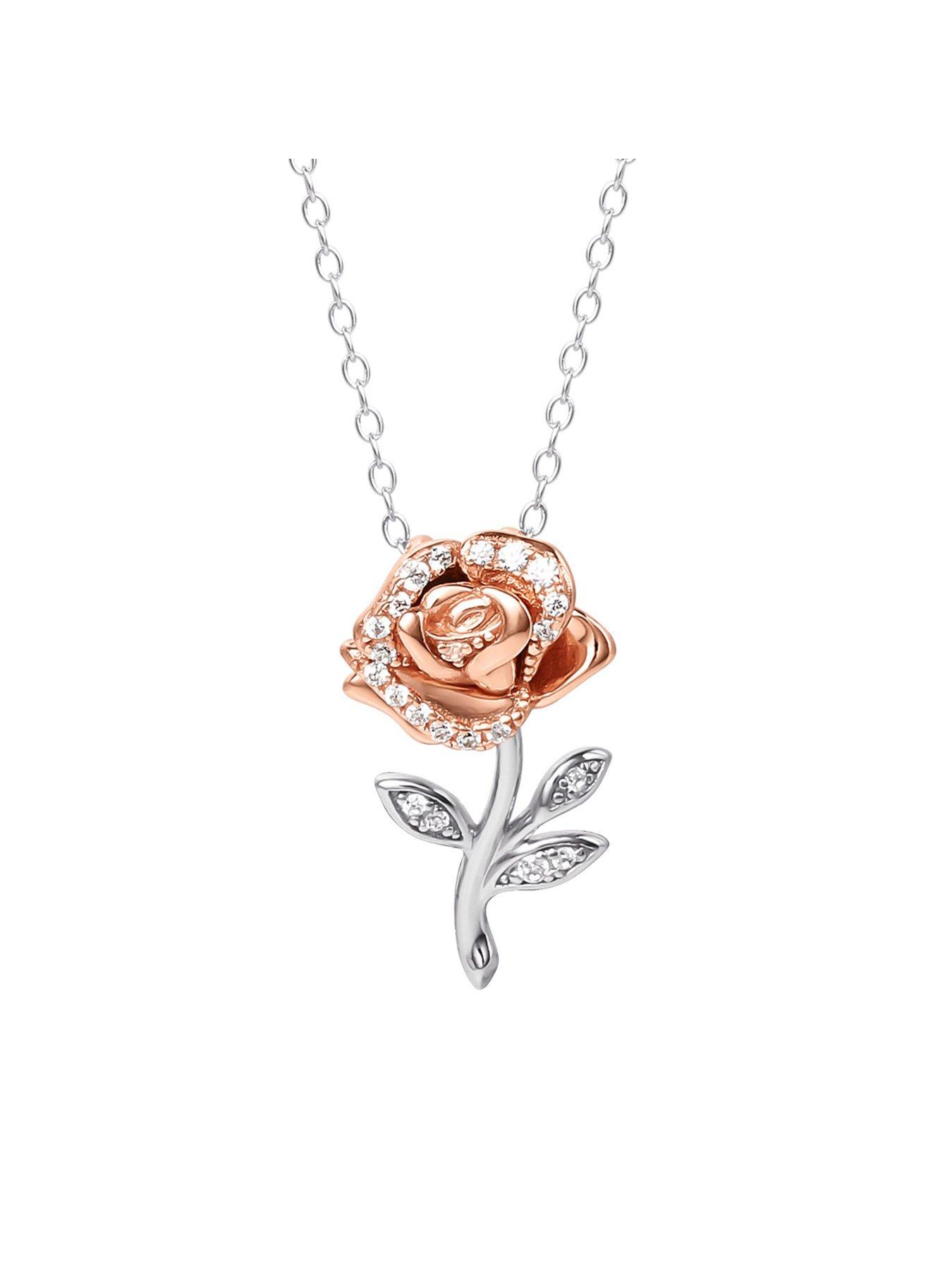 Image 2 of 3 of Disney Sterling Silver 925 Beauty &amp; Beast Stone Set Rose Necklace