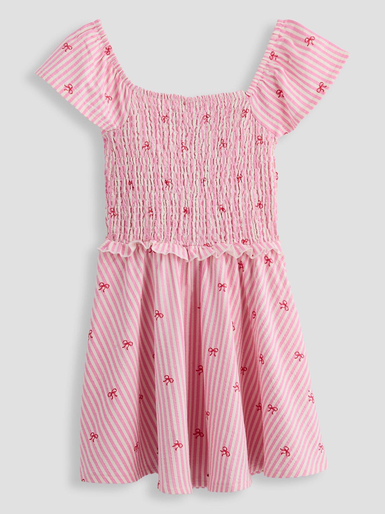 Image 1 of 4 of The Very Collection Girls Textured Jersey Striped Bow Print Dress - Pink