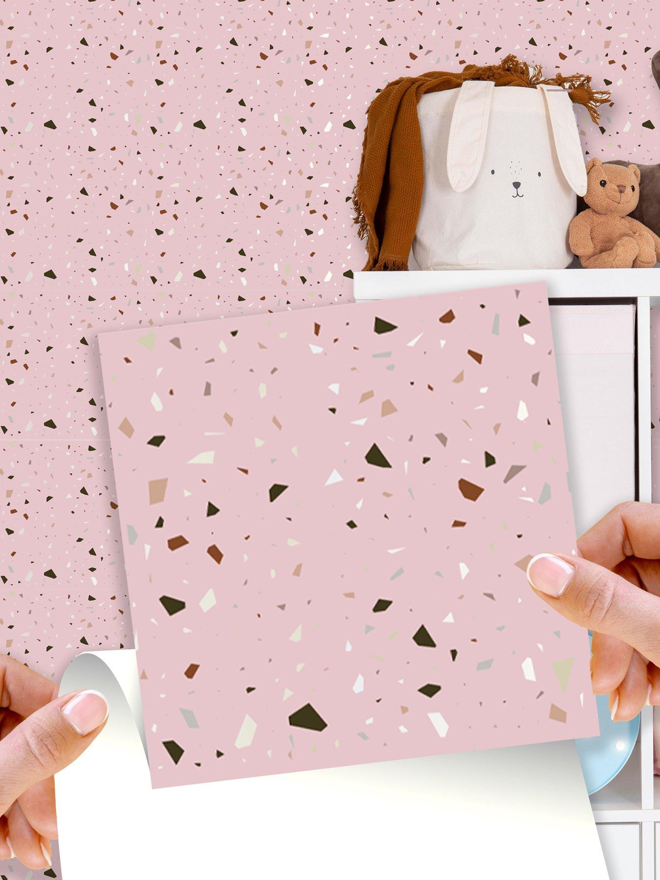 Walplus Rose Pink Metallic Silver Terrazzo Wall Tile Sticker Set - 15cm (6inch) - 24pcs one pack