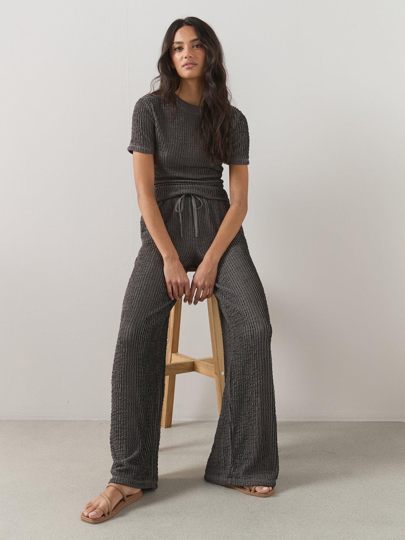 Image 1 of 6 of The Very Collection Textured Wide Leg Co-Ord Trousers - Grey