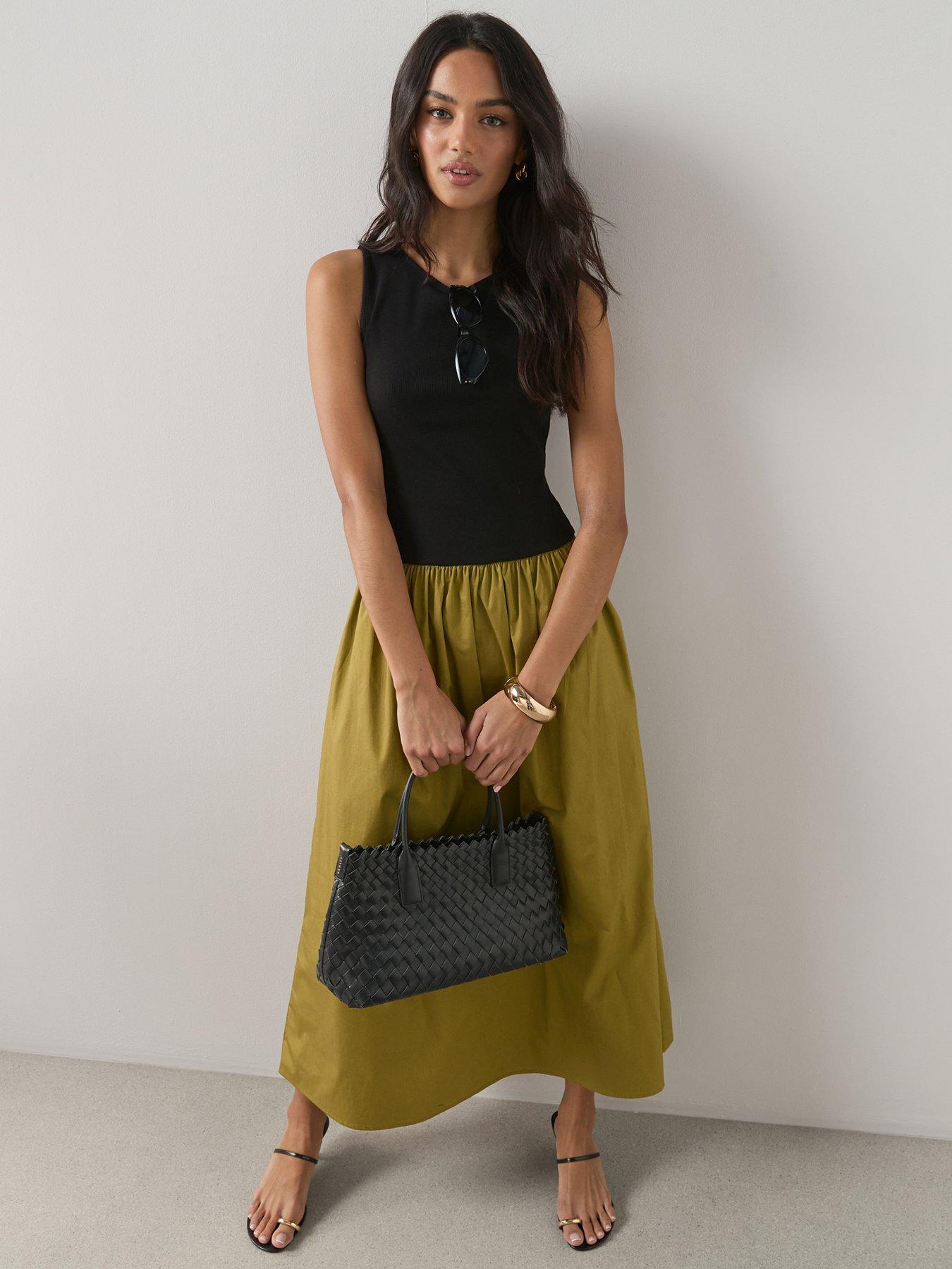 The Very Collection Ribbed Vest Woven Skirt Midi Dress - Black/Green