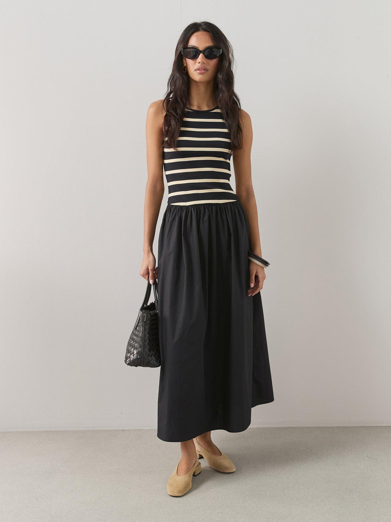 The Very Collection Stripe Ribbed Vest Woven Skirt Midi Dress - Mono