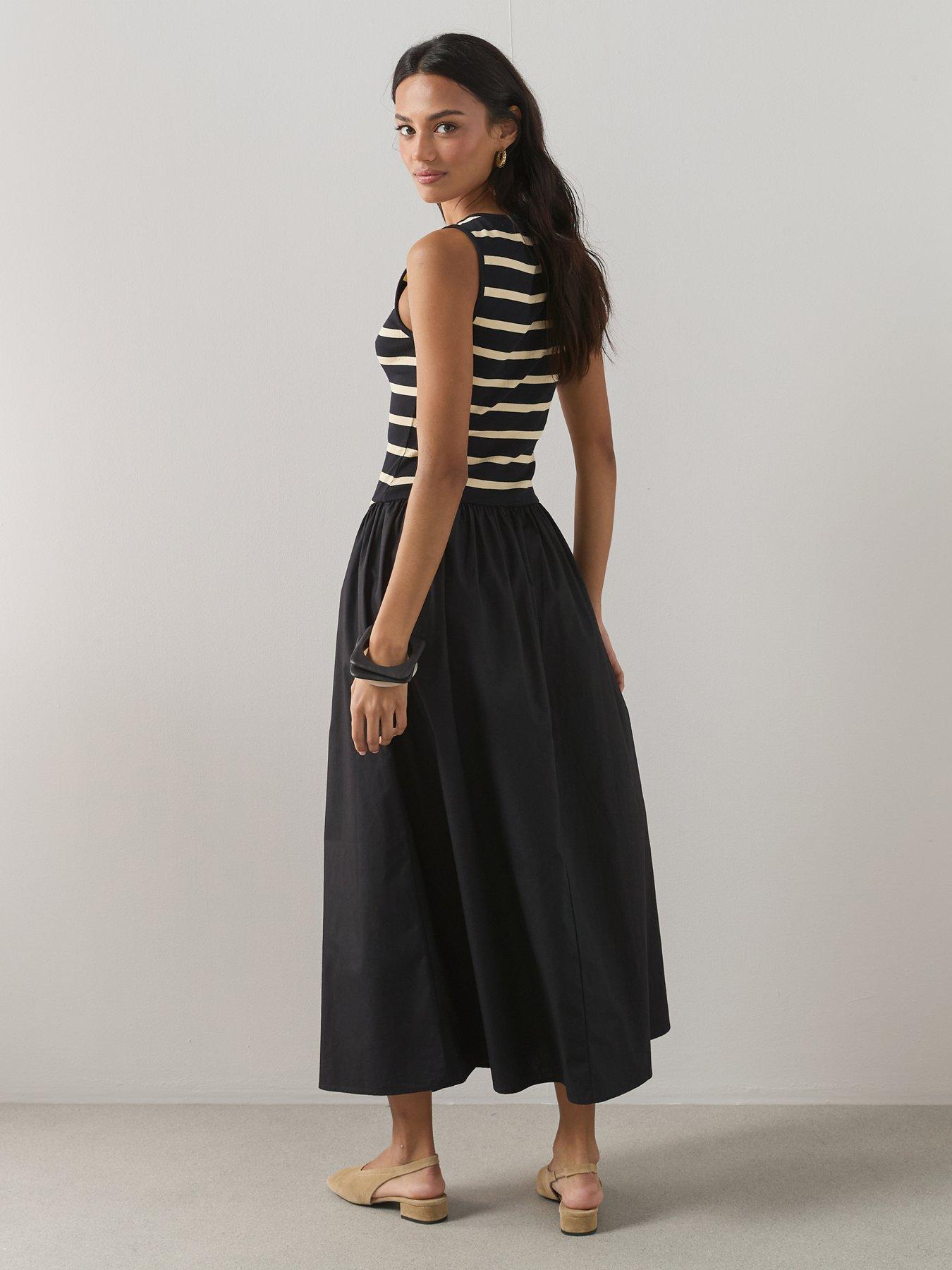 The Very Collection Stripe Ribbed Vest Woven Skirt Midi Dress - Mono | Very