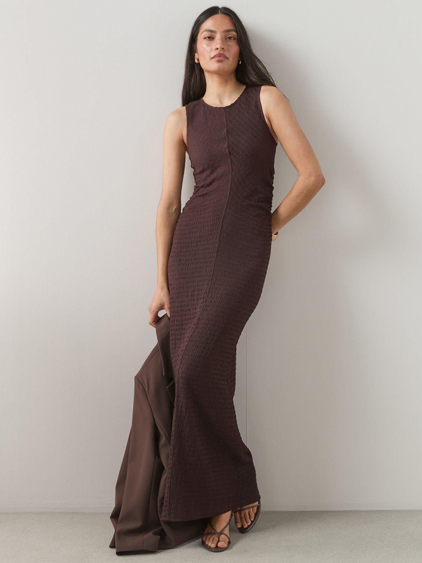Image 1 of 6 of The Very Collection Ruched Side Textured Maxi Dress - Brown