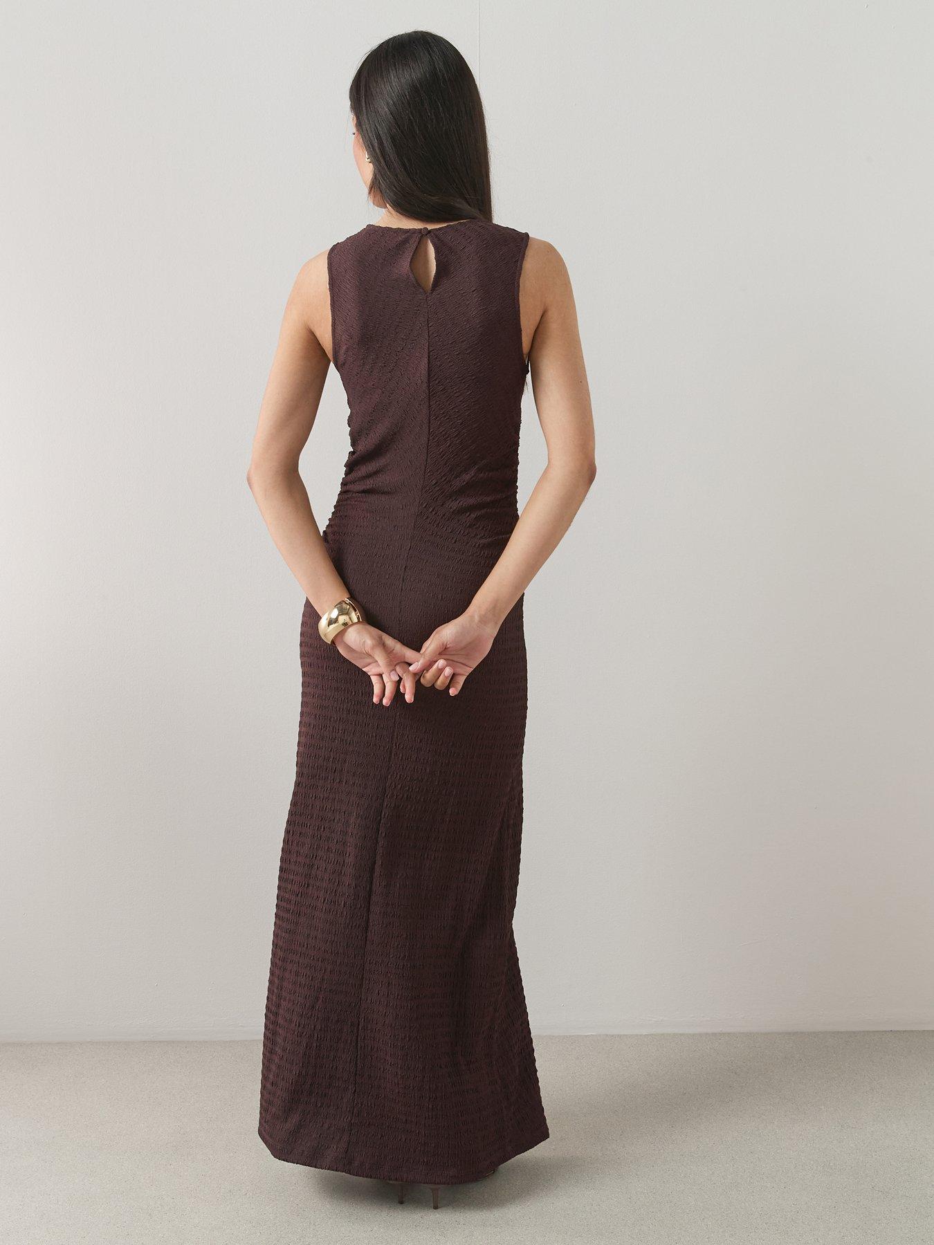 Image 2 of 6 of The Very Collection Ruched Side Textured Maxi Dress - Brown