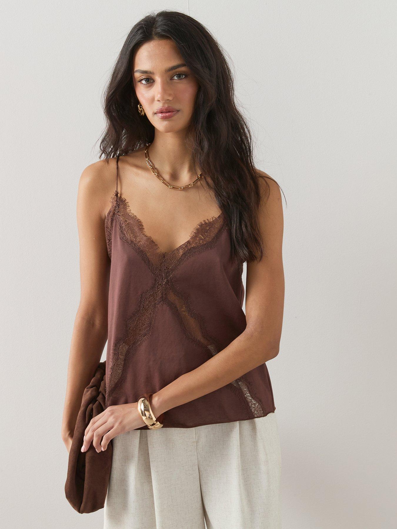 Image 4 of 6 of The Very Collection Delicate Lace Trim Cami - Brown