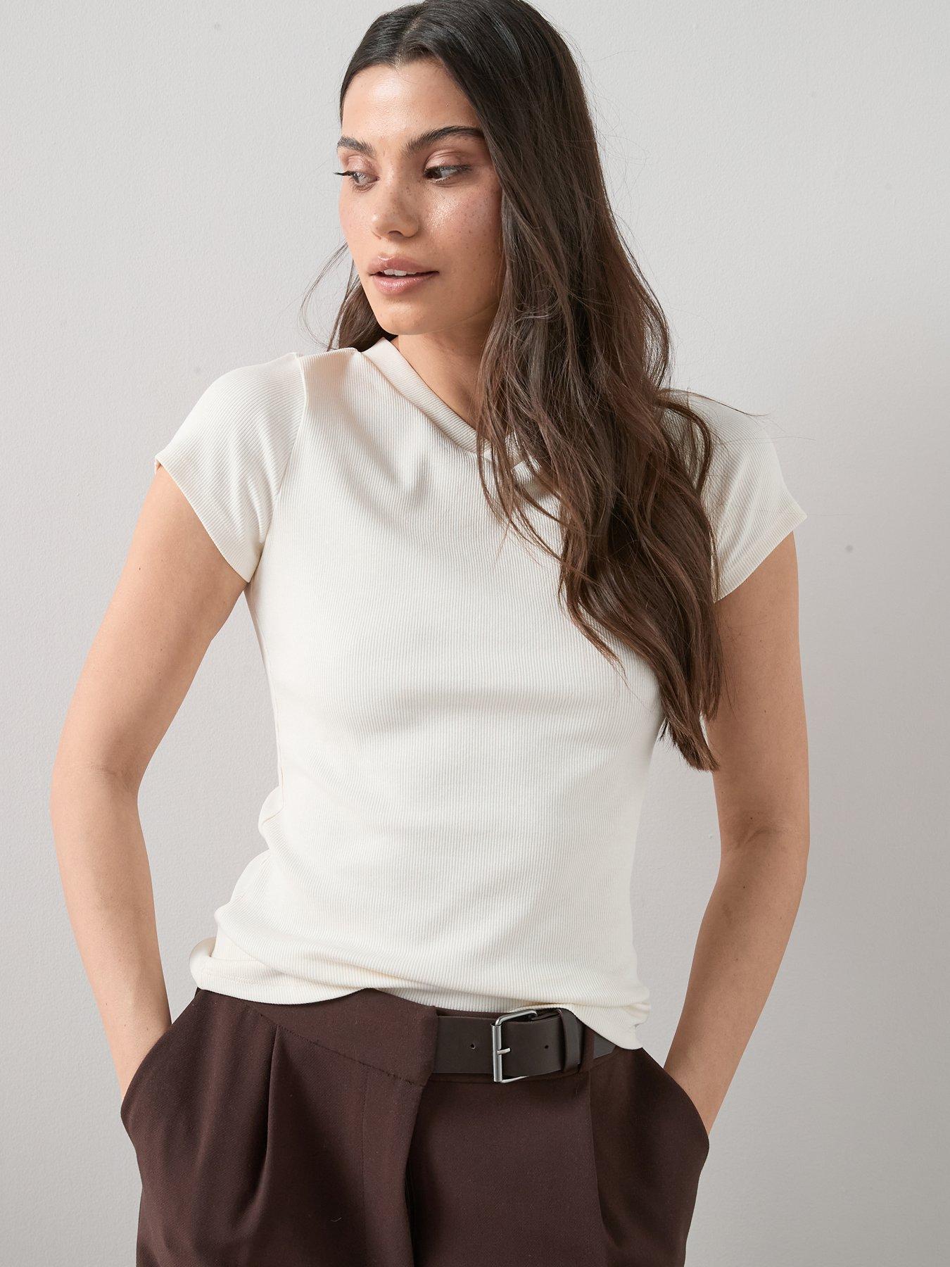 The Very Collection High V-Neck Fitted Ribbed T-Shirt - Cream | Very