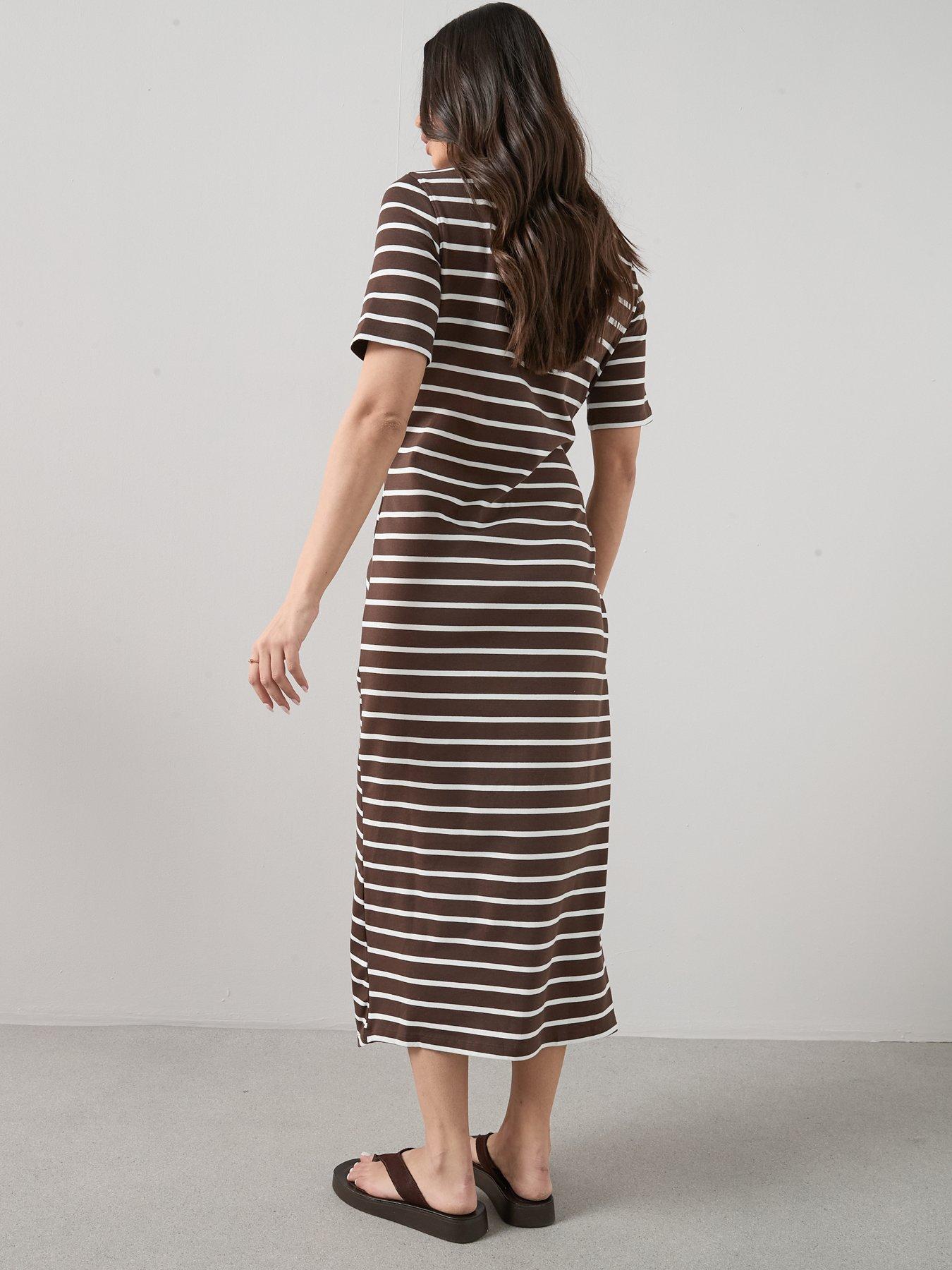 Image 2 of 6 of The Very Collection Tie Waist Stripe Midi Dress - Brown
