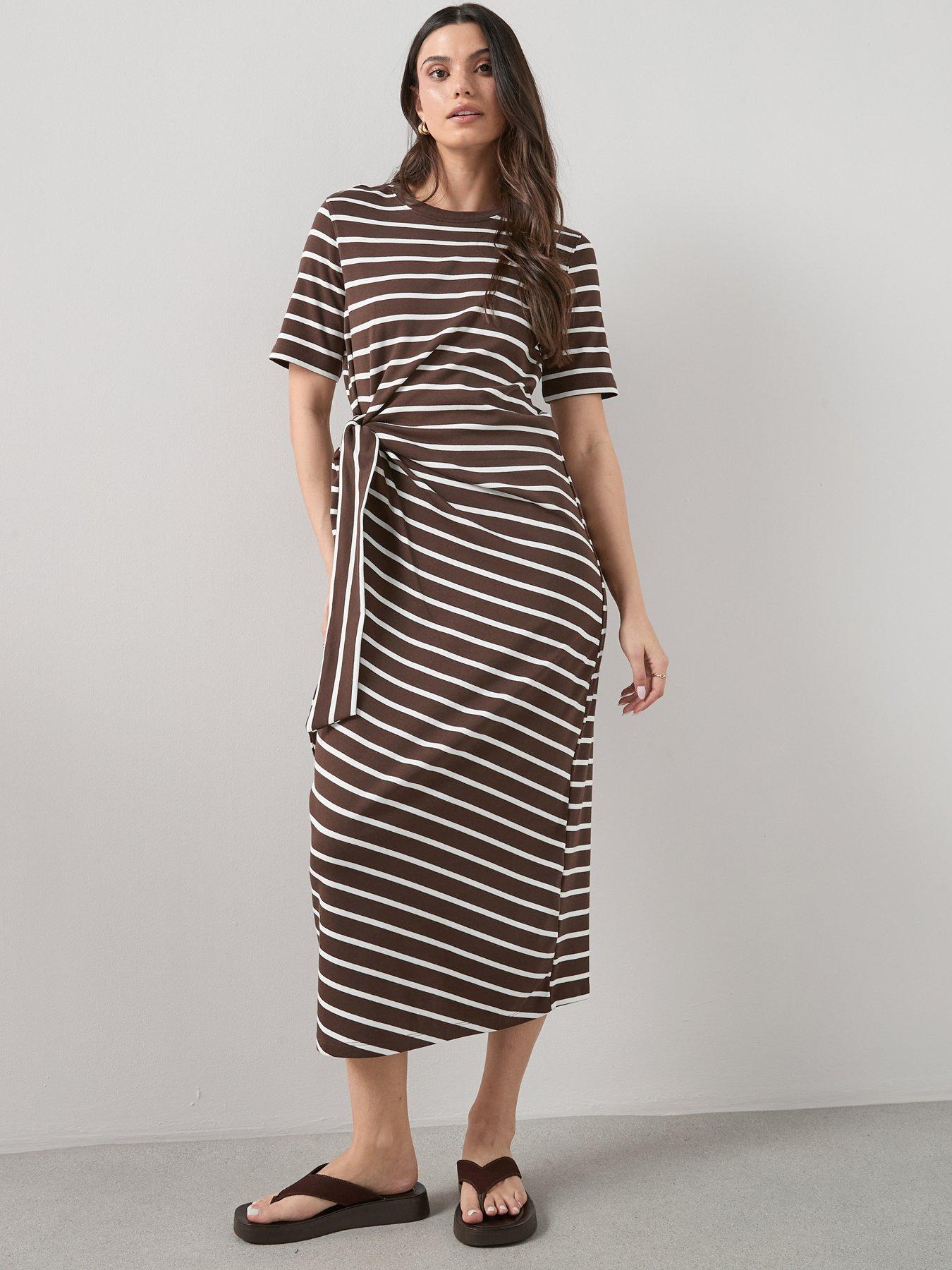 Image 3 of 6 of The Very Collection Tie Waist Stripe Midi Dress - Brown