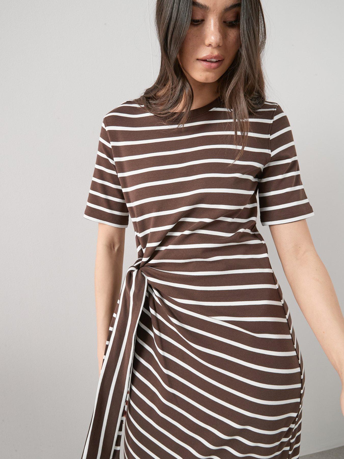 Image 4 of 6 of The Very Collection Tie Waist Stripe Midi Dress - Brown