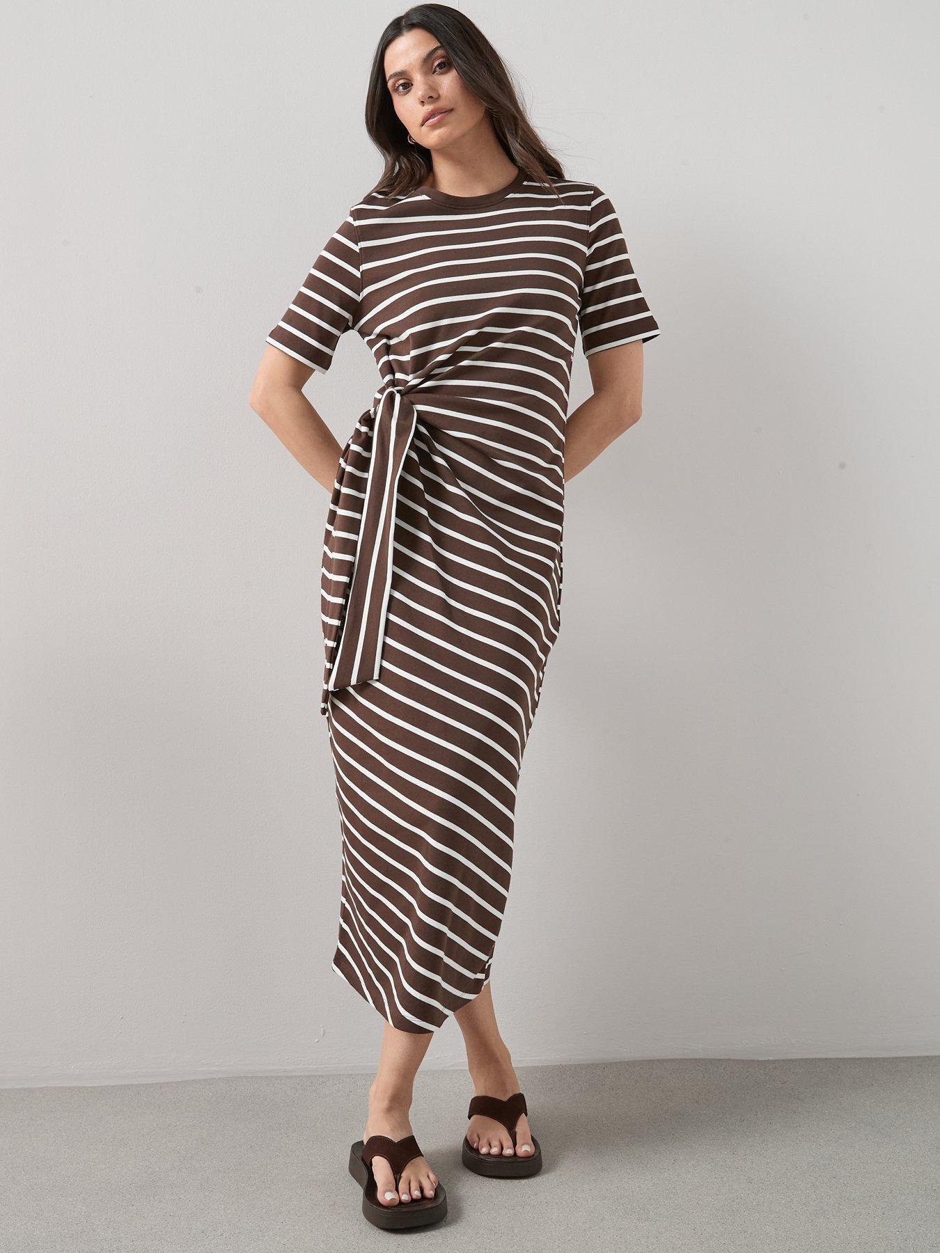 Image 5 of 6 of The Very Collection Tie Waist Stripe Midi Dress - Brown