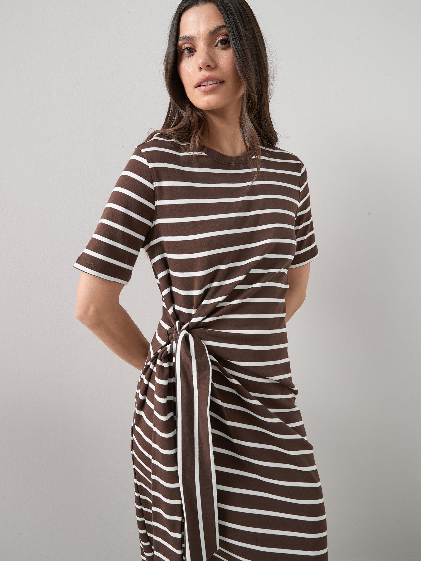 Image 6 of 6 of The Very Collection Tie Waist Stripe Midi Dress - Brown