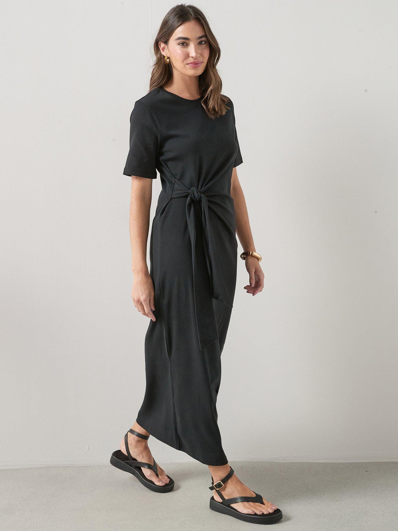 Image 1 of 6 of The Very Collection Tie Waist Midi Dress - Black