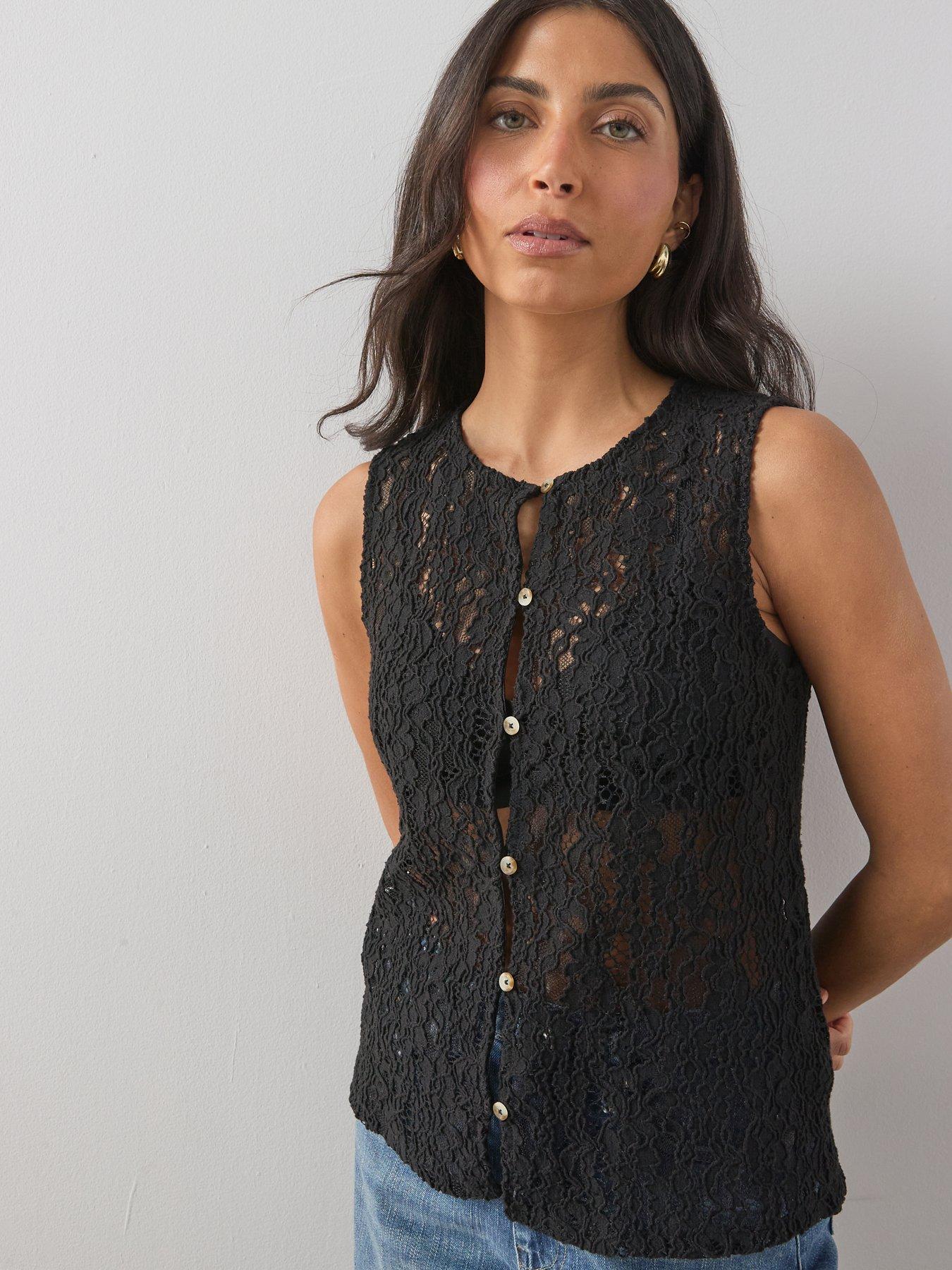The Very Collection Crochet Lace Button Through Vest - Black