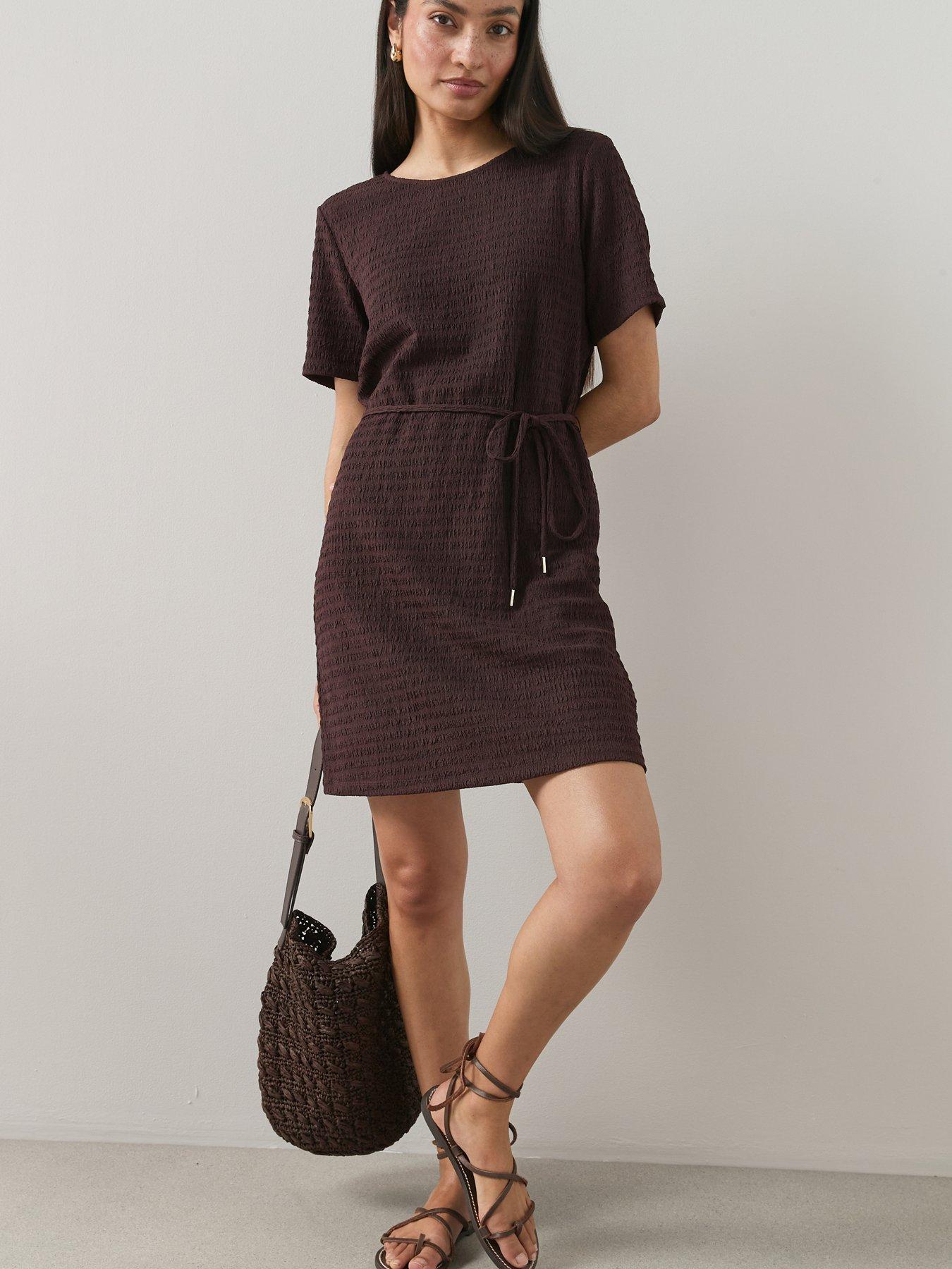 The Very Collection Tie Waist Textured T-Shirt Dress - Brown