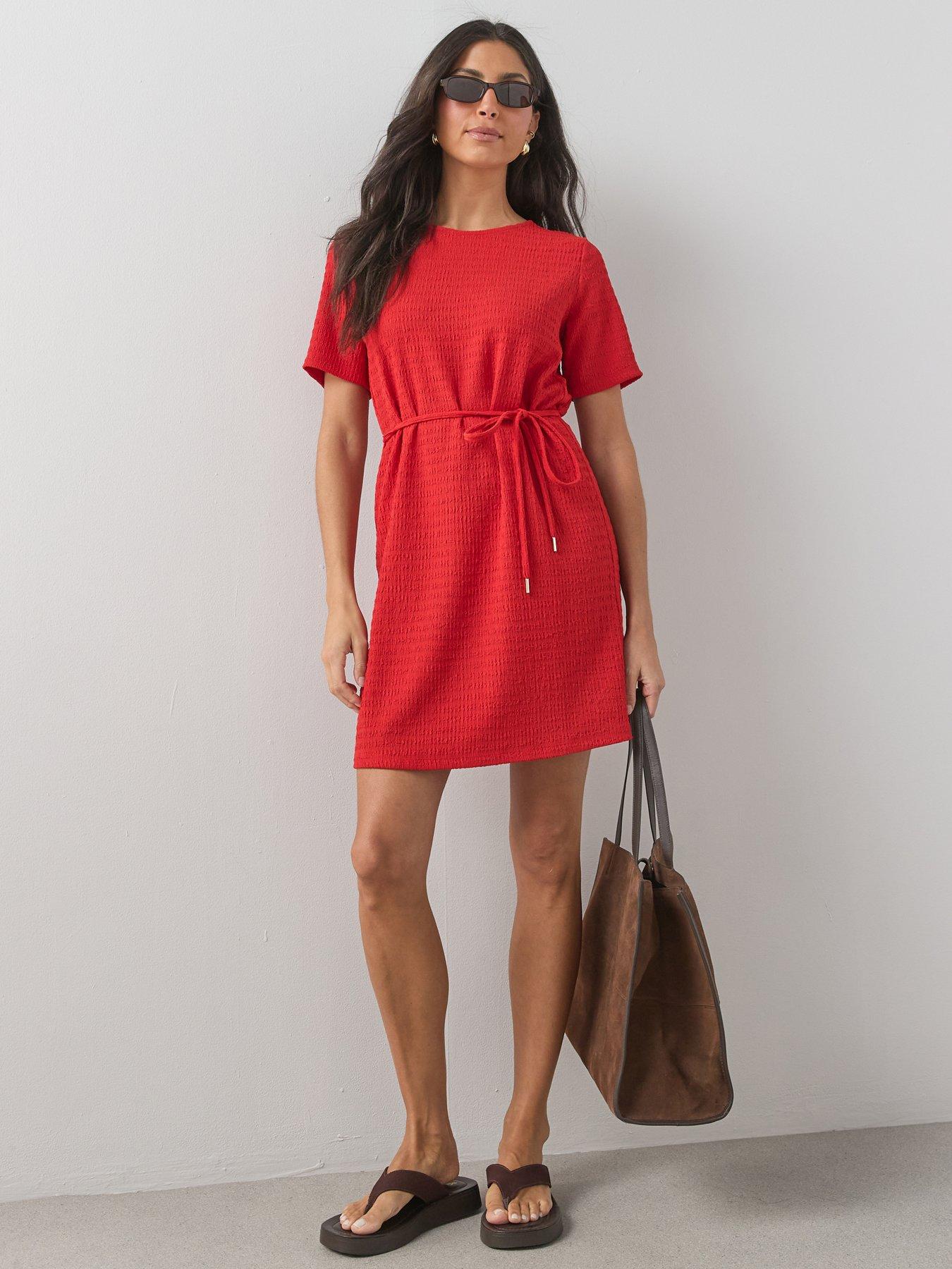 The Very Collection Tie Waist Textured T-Shirt Dress - Red