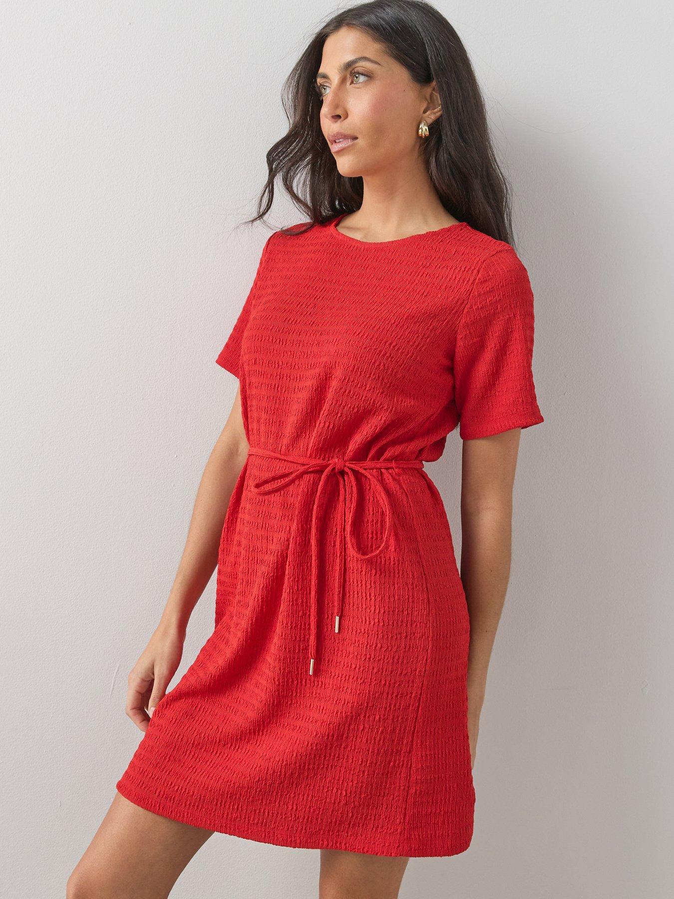 The Very Collection Tie Waist Textured T-Shirt Dress - Red | Very