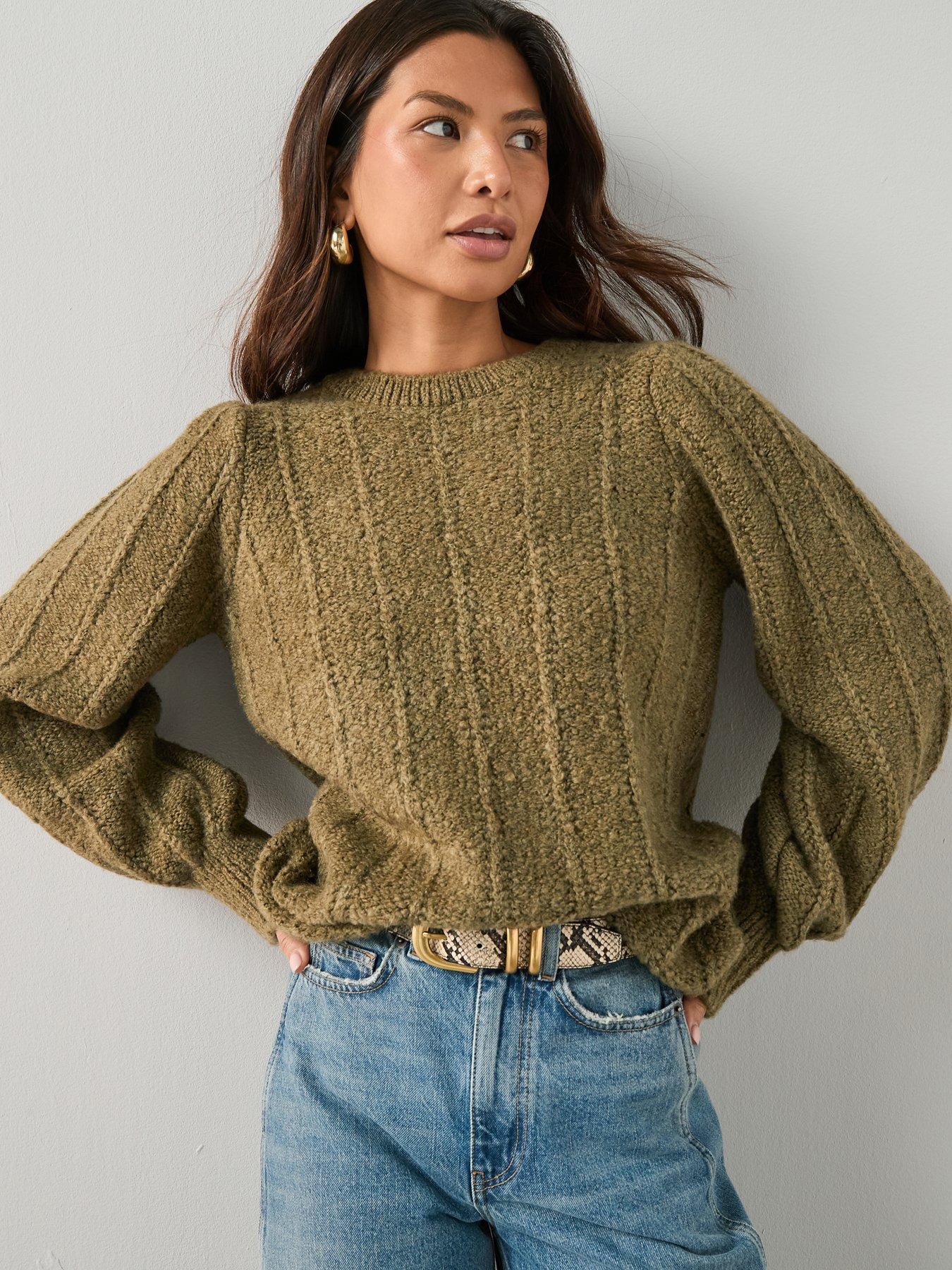 The Very Collection Stitch Detail Crew Neck Jumper With Wool - Olive
