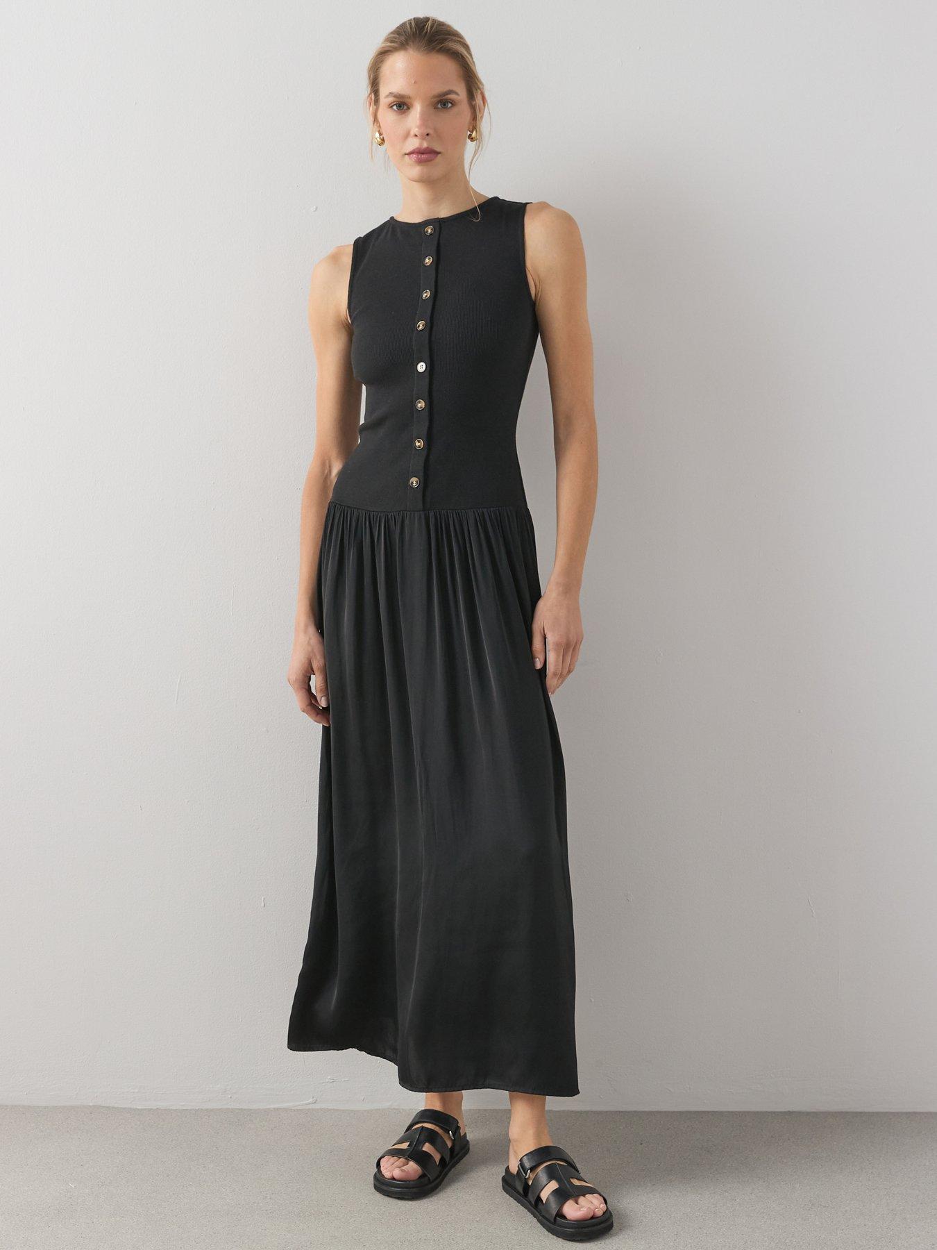 The Very Collection Button Front Ribbed Maxi Dress - Black