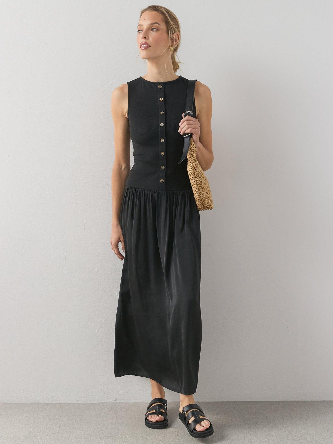 Image 3 of 7 of The Very Collection Button Front Ribbed Maxi Dress - Black