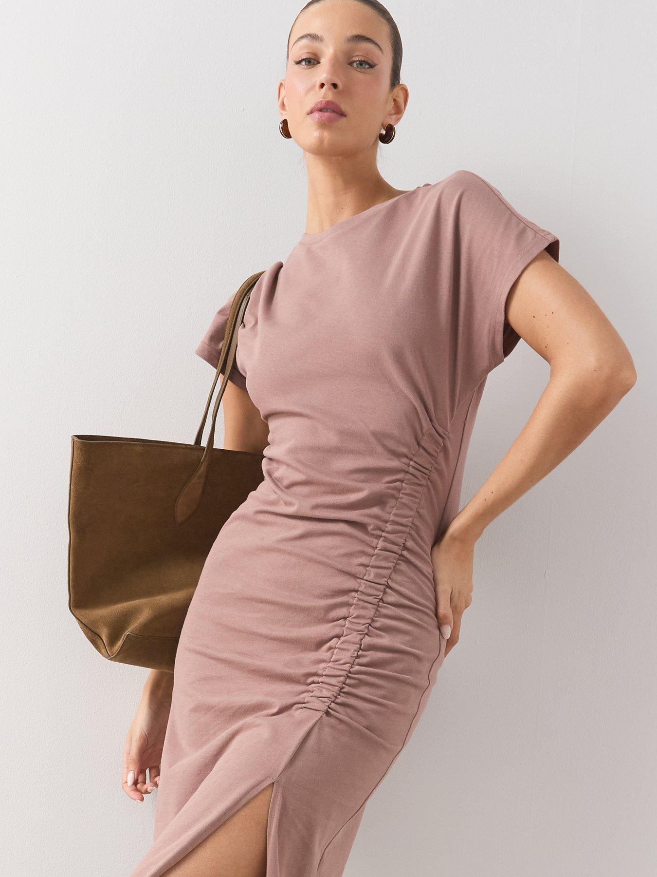 Textured Ruched Ruched Side Fitted Shirt Dress The Very Collection Ruched  Side T-Shirt Midi Dress Neutral Very
