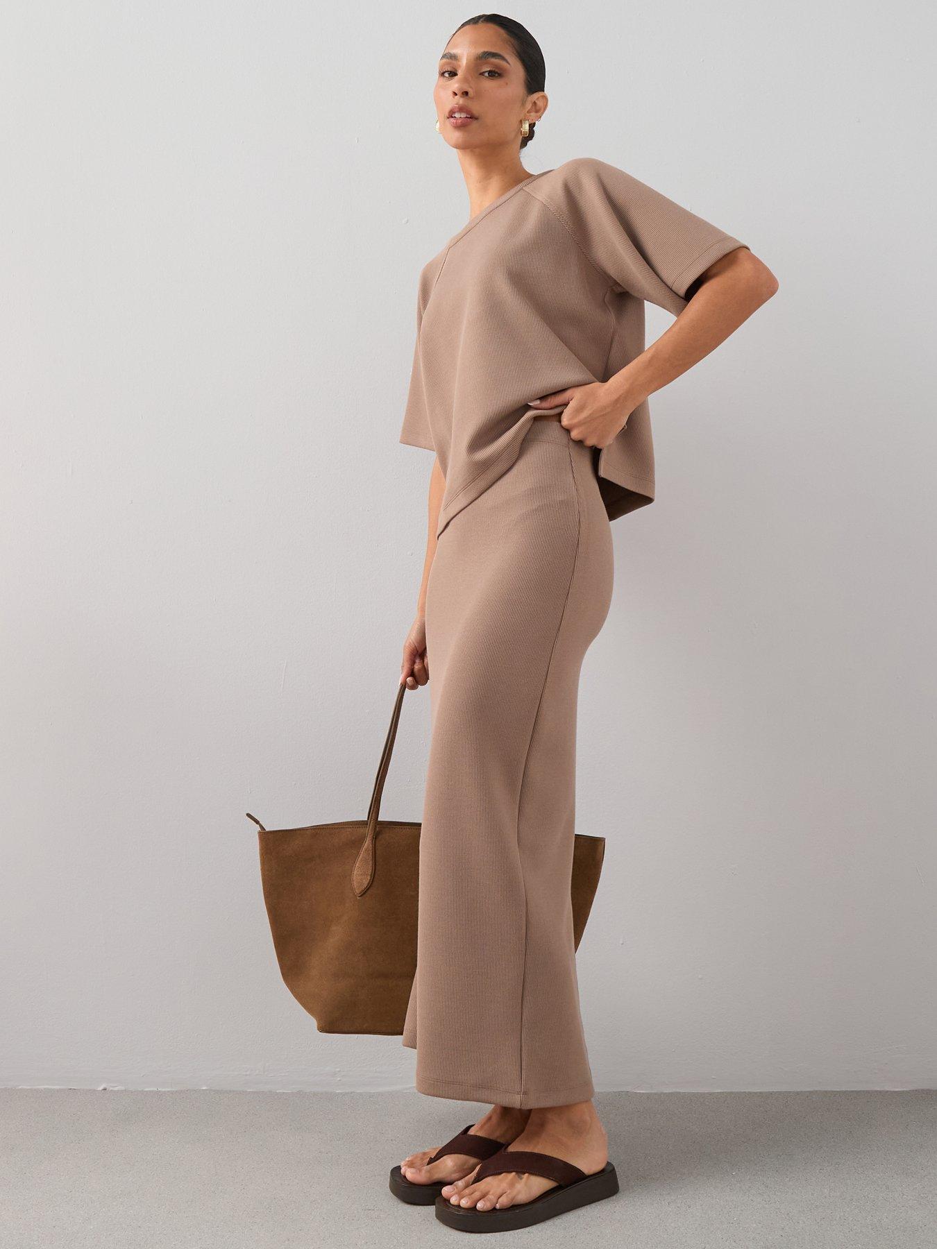 Image 1 of 7 of The Very Collection Scuba Ribbed Midaxi Skirt Co-ord - Neutral