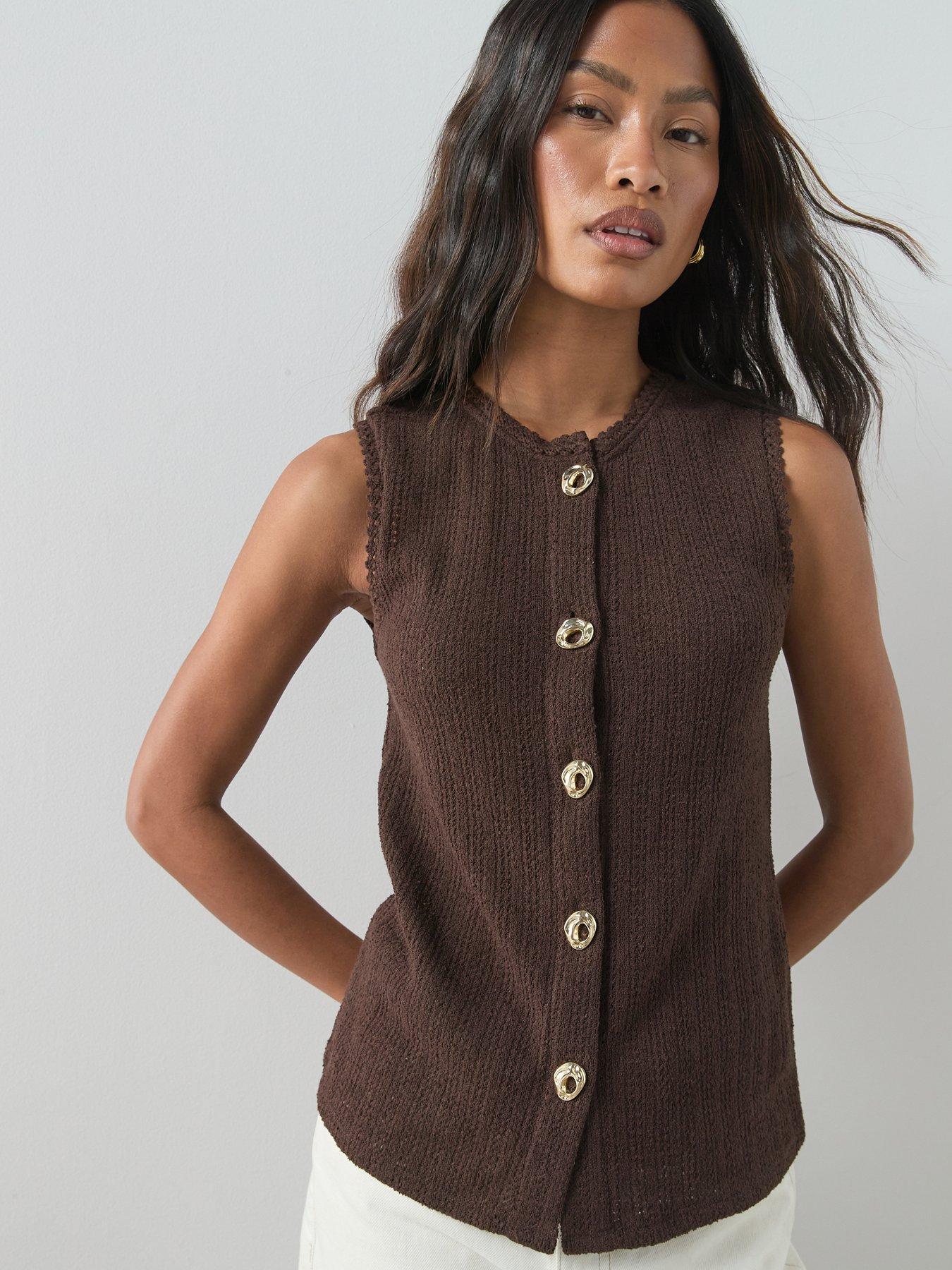 The Very Collection Textured Button Through Top - Brown